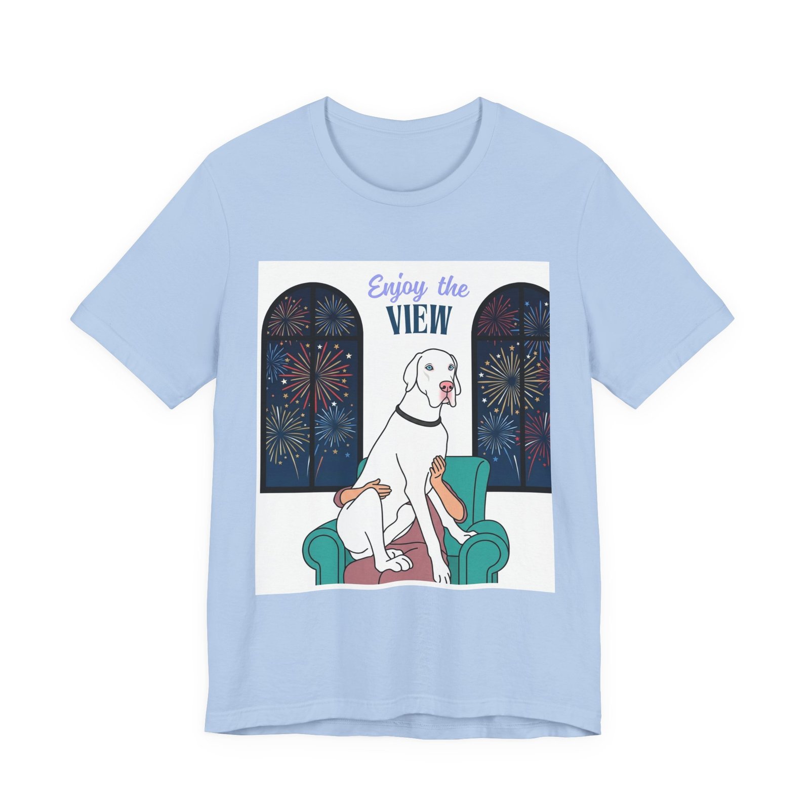 White with Blue Eyes Great Dane Enjoy the View T-Shirt — Dog Watching Fireworks Graphic Tee - Image 36