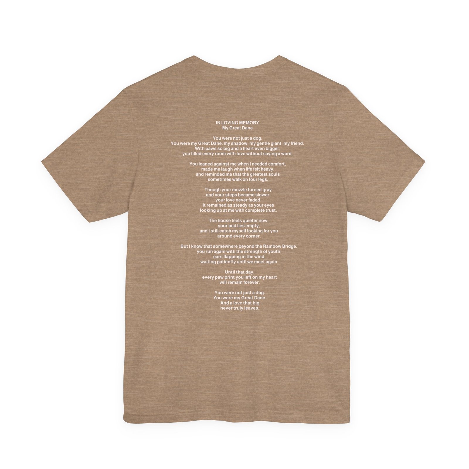 Unisex Brindle with White Chest Snip Great Dane Rainbow Bridge Lyric Back-Print Tee — 'Beloved Memory' Poem Shirt - Image 40