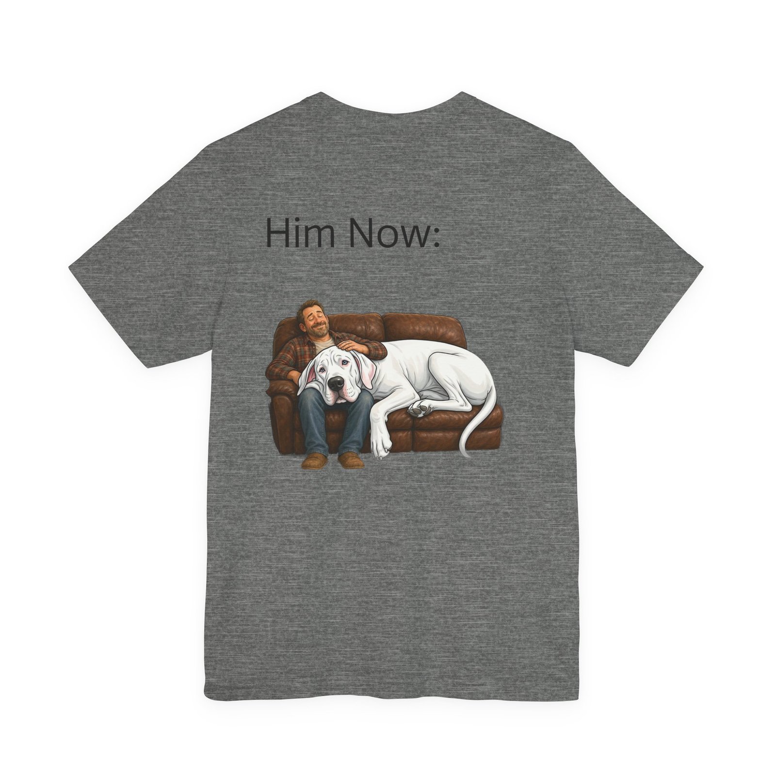 White Great Dane T-Shirt — "NO DOGS" Script Front with Man and Dog on Couch Graphic - Image 4