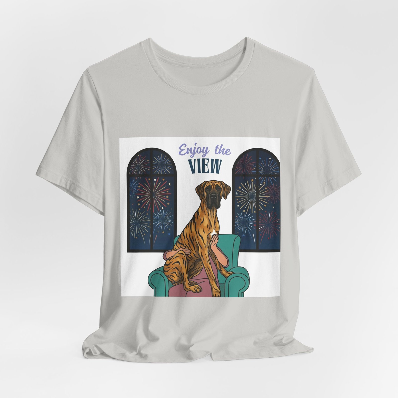 Brindle with white chest marking Great Dane Enjoy the View T-Shirt — Dog Watching Fireworks Graphic Tee - Image 24