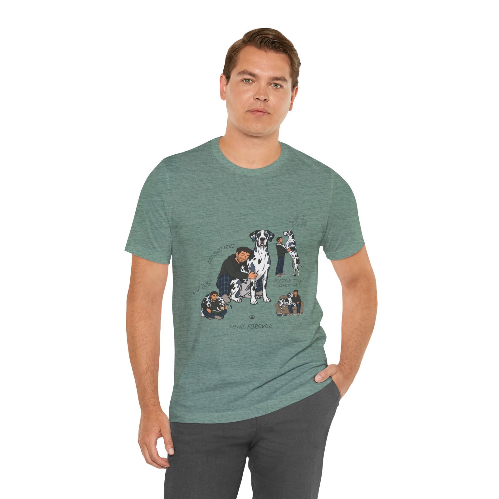 Blue and Black Merlequin with blue eyes Great Danes Illustrated Tee — "Men + Great Danes" Graphic T-Shirt - Image 42