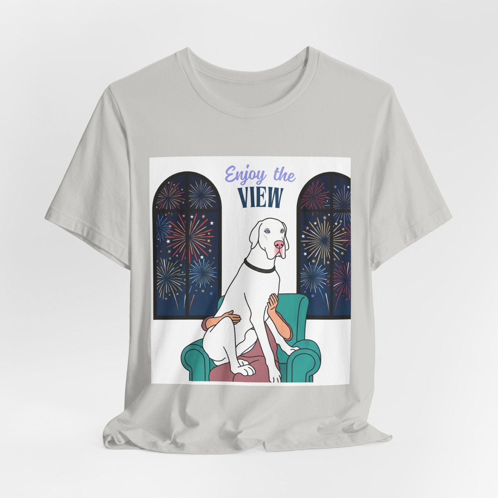 White with Blue Eyes Great Dane Enjoy the View T-Shirt — Dog Watching Fireworks Graphic Tee - Image 24