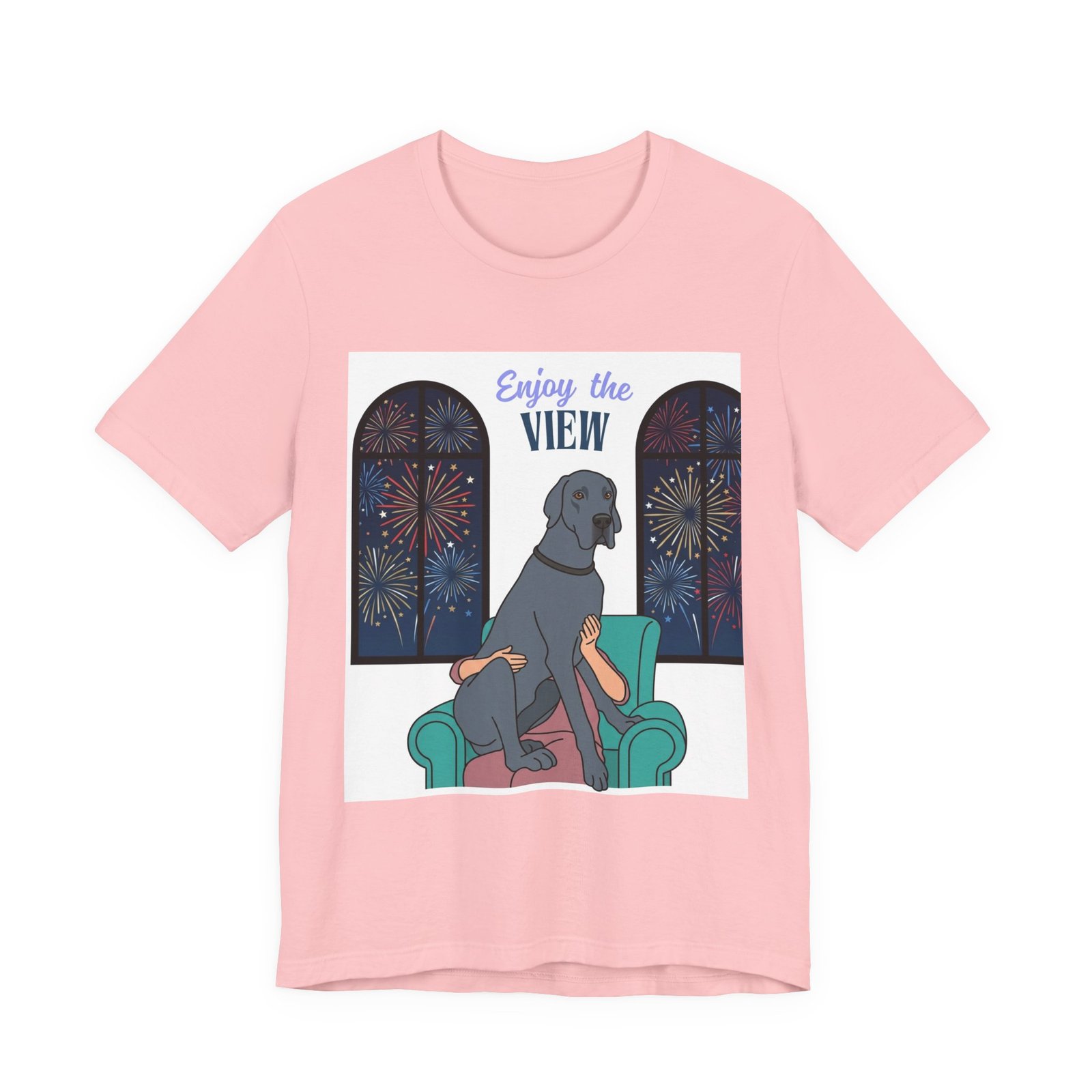 Blue Great Dane Enjoy the View T-Shirt — Dog Watching Fireworks Graphic Tee - Image 61