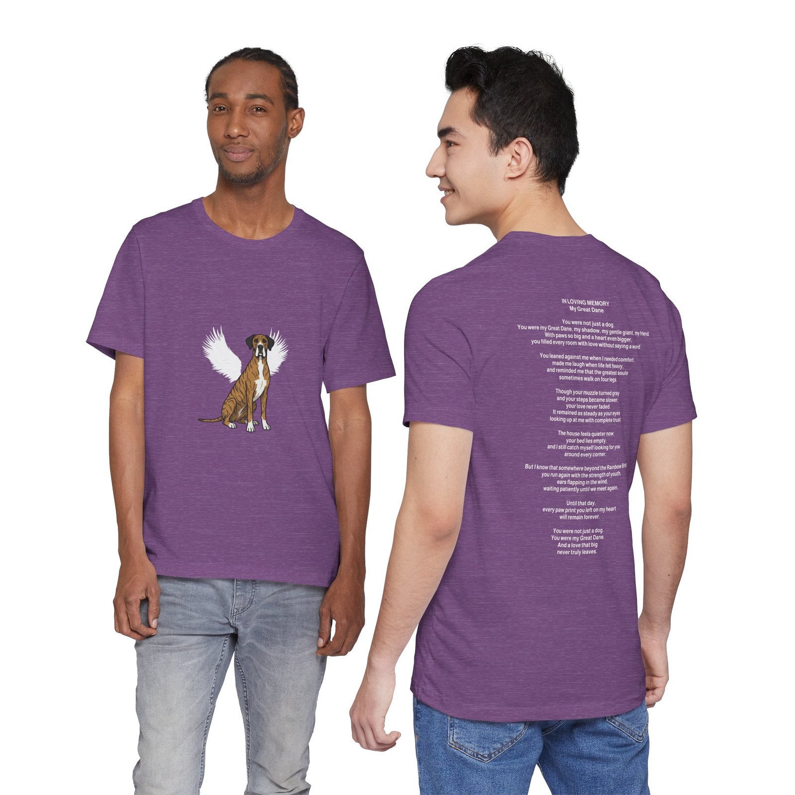 Unisex Brindle with White Chest Snip Great Dane Rainbow Bridge Lyric Back-Print Tee — 'Beloved Memory' Poem Shirt - Image 15