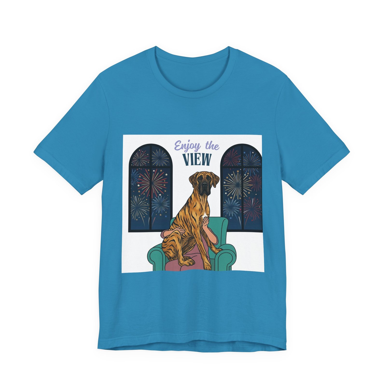 Brindle with white chest marking Great Dane Enjoy the View T-Shirt — Dog Watching Fireworks Graphic Tee - Image 7