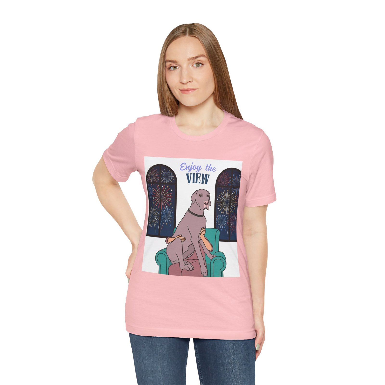 Lilac Great Dane Enjoy the View T-Shirt — Dog Watching Fireworks Graphic Tee