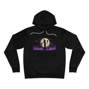 Black Mantle Great Dane Pocketed Pullover  black cat, Witch Silhouette Hoodie (Up to 2x) — Moonlit Purple Flame Halloween Pullover