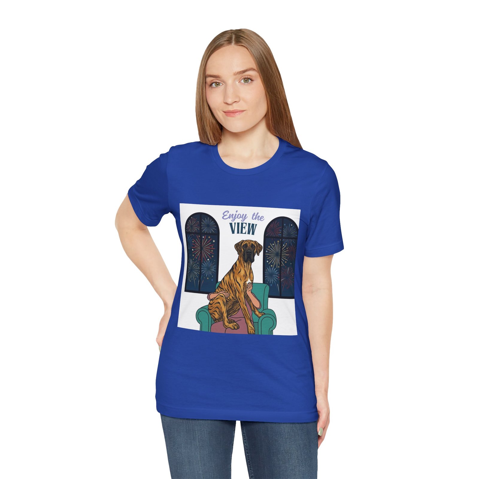 Brindle with white chest marking Great Dane Enjoy the View T-Shirt — Dog Watching Fireworks Graphic Tee - Image 50