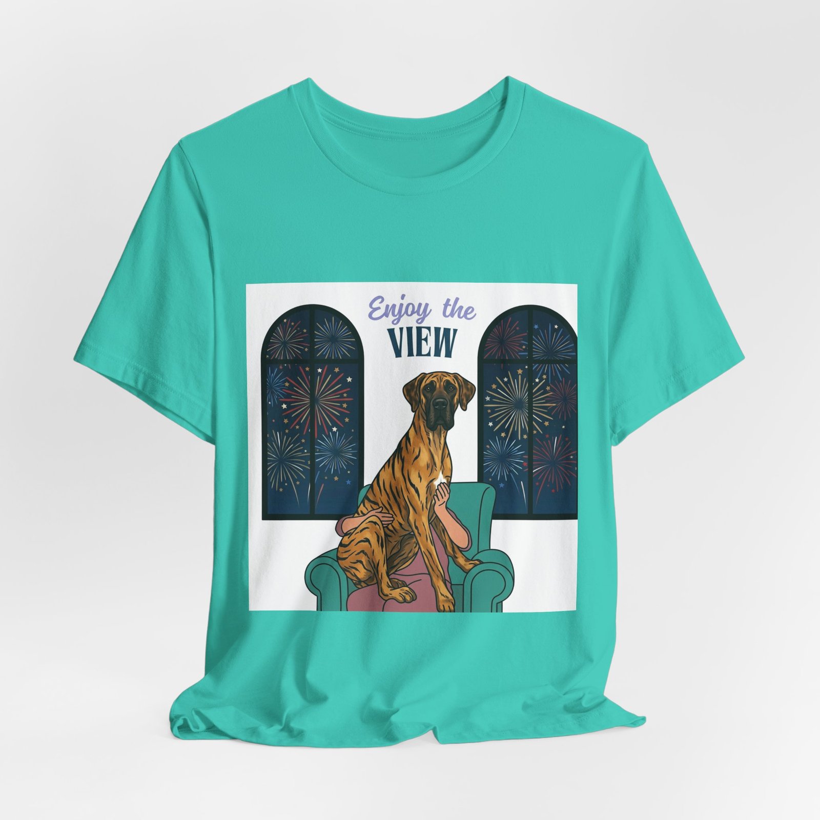 Brindle with white chest marking Great Dane Enjoy the View T-Shirt — Dog Watching Fireworks Graphic Tee - Image 29
