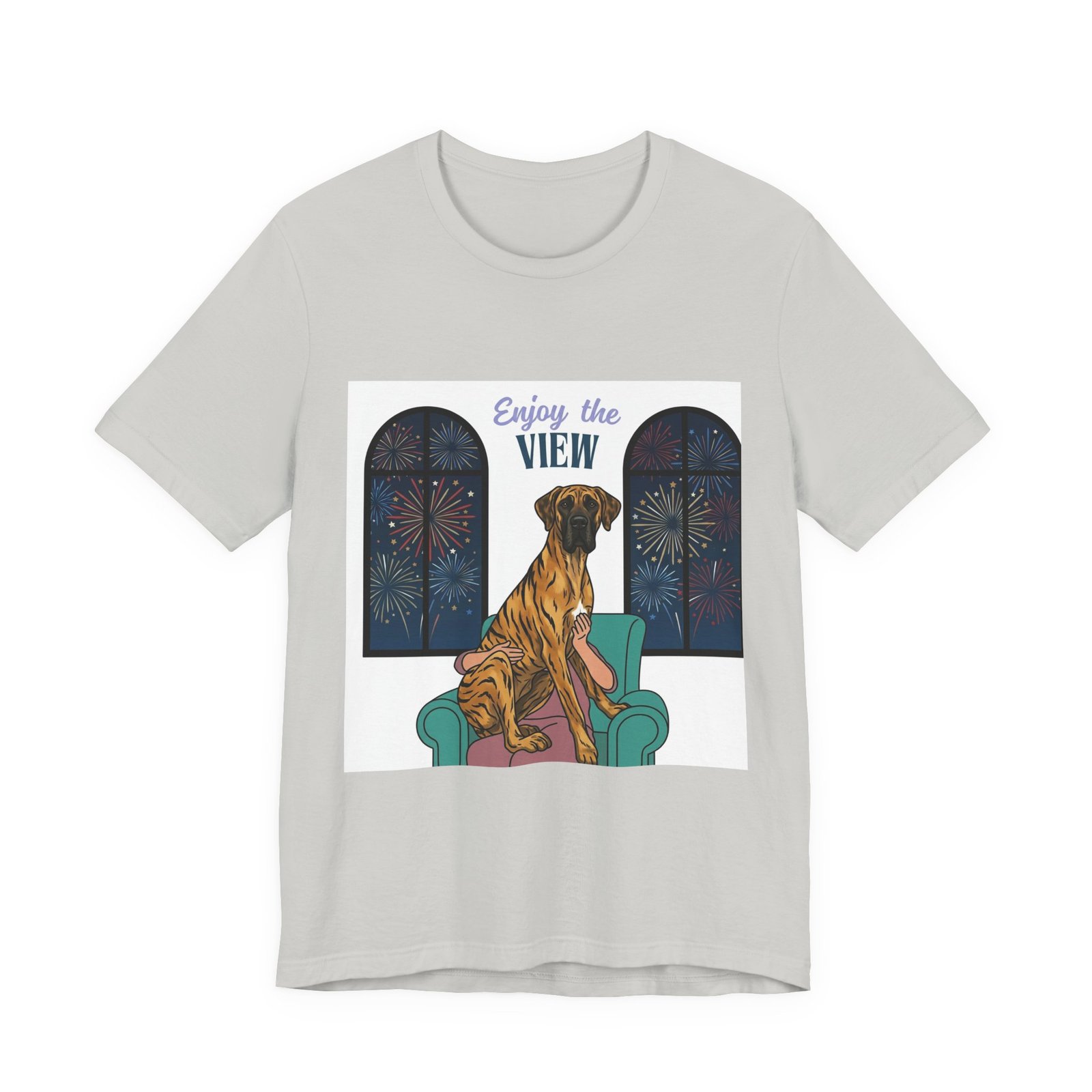 Brindle with white chest marking Great Dane Enjoy the View T-Shirt — Dog Watching Fireworks Graphic Tee - Image 21