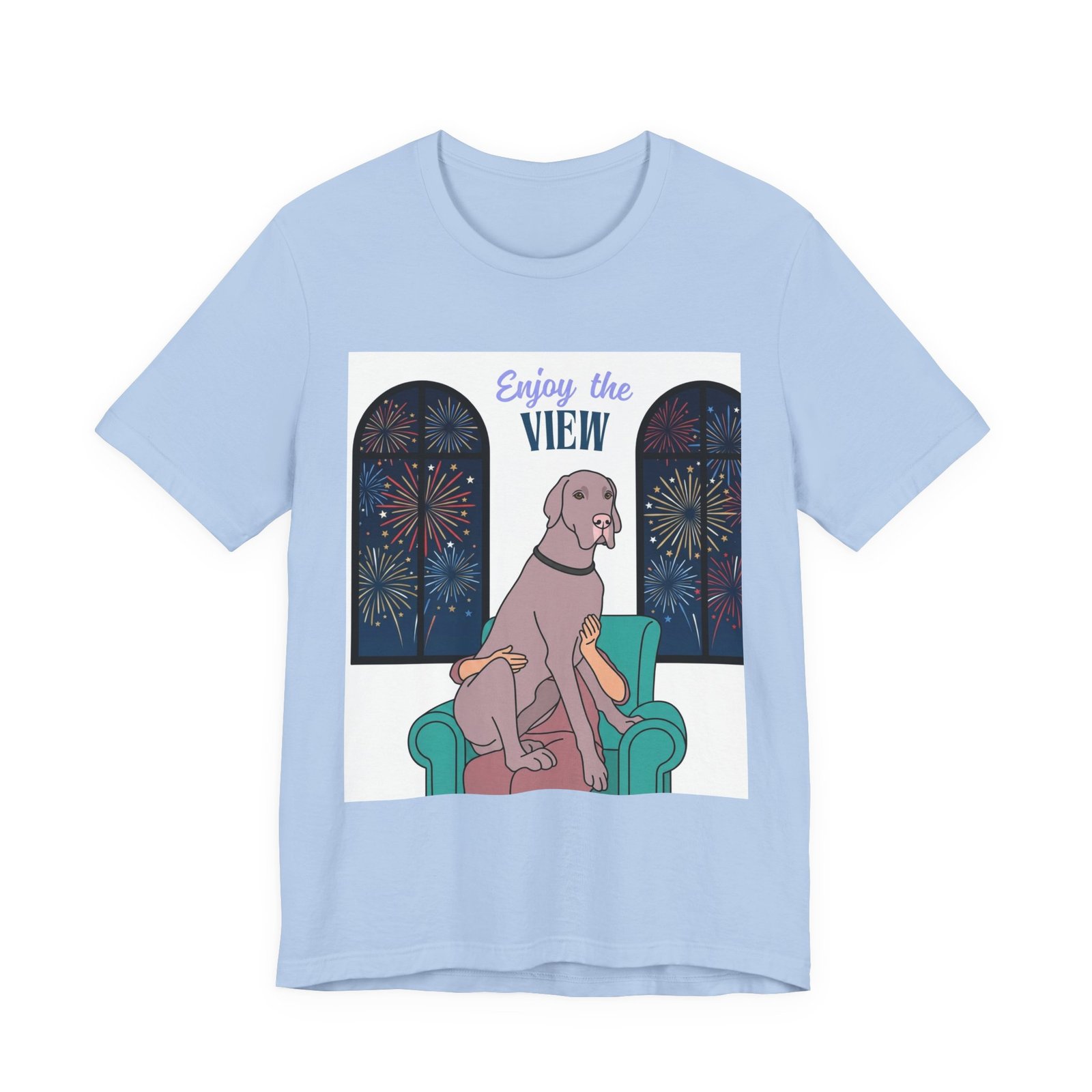 Lilac Great Dane Enjoy the View T-Shirt — Dog Watching Fireworks Graphic Tee - Image 41