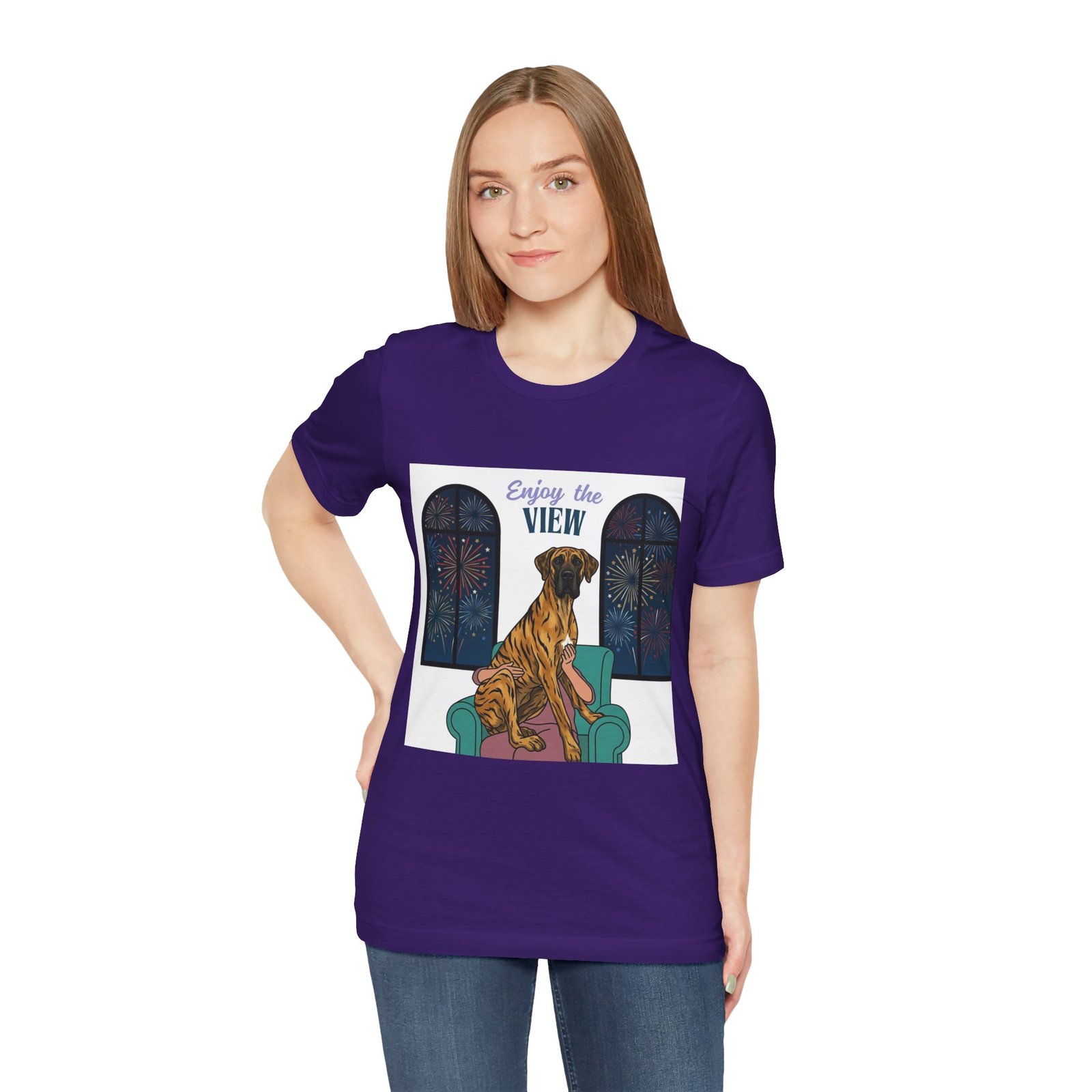 Brindle with white chest marking Great Dane Enjoy the View T-Shirt — Dog Watching Fireworks Graphic Tee - Image 55