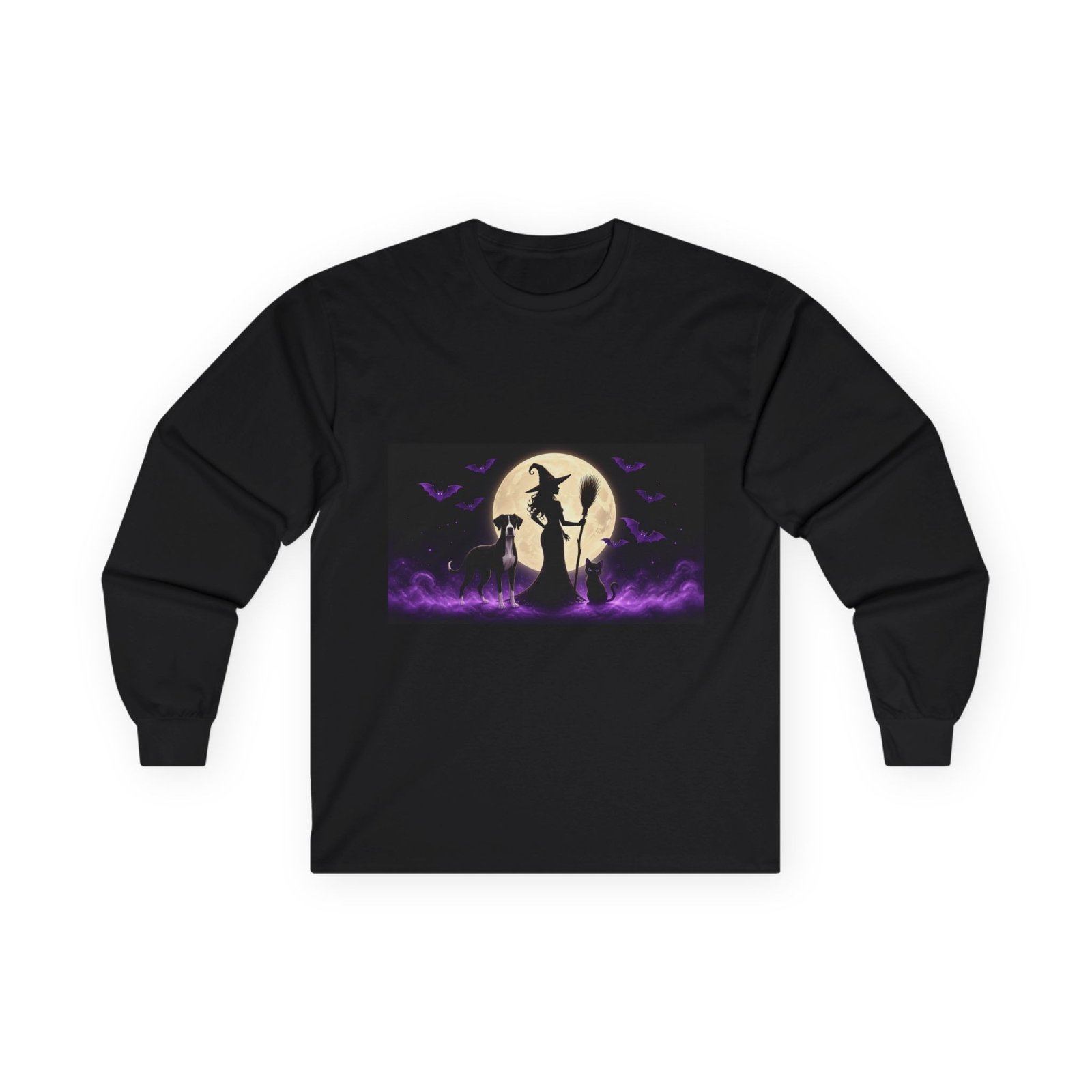 Black Mantle Great Dane (up to 5x) Witch Silhouette Moon Long Sleeve Tee — Her Familiars