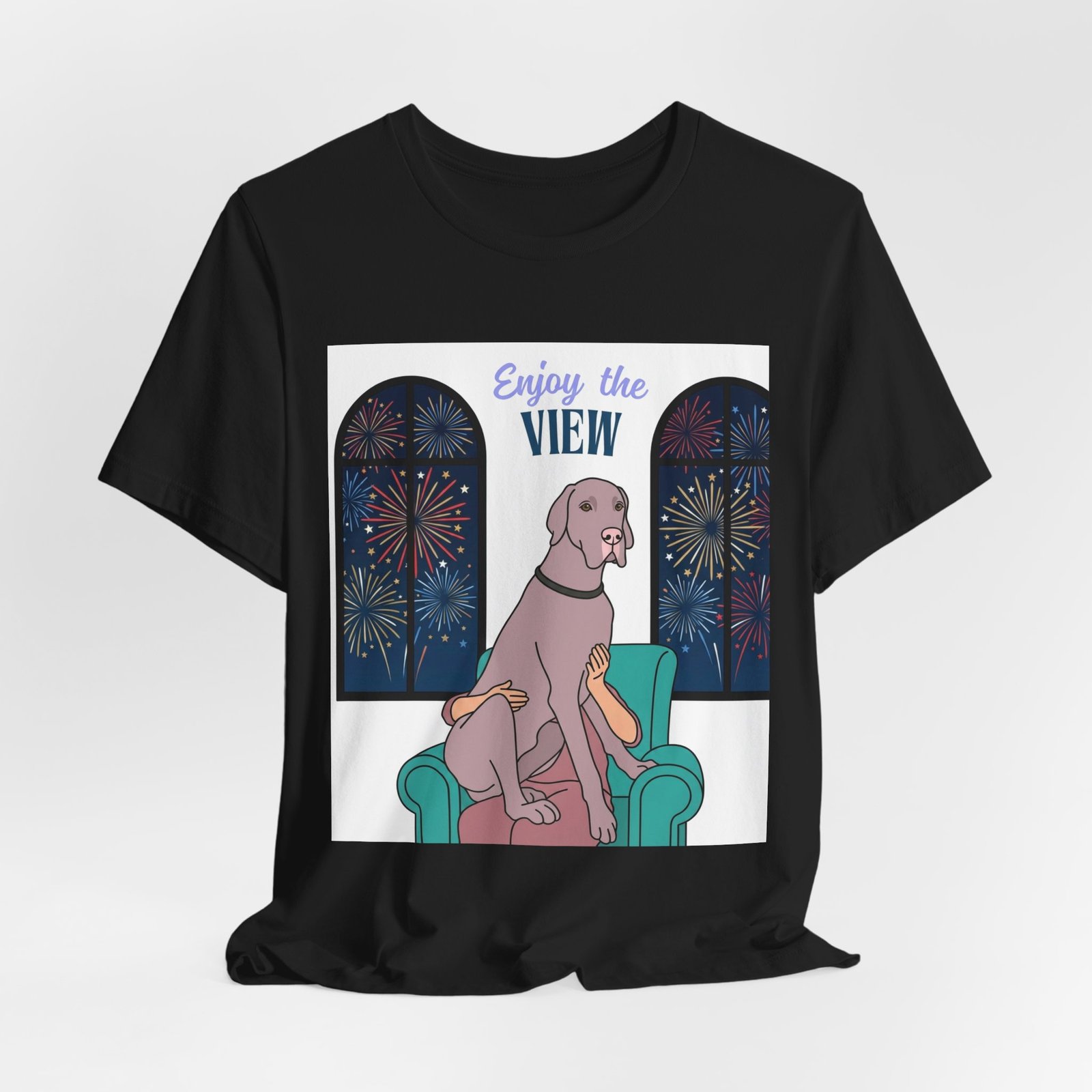 Lilac Great Dane Enjoy the View T-Shirt — Dog Watching Fireworks Graphic Tee - Image 15
