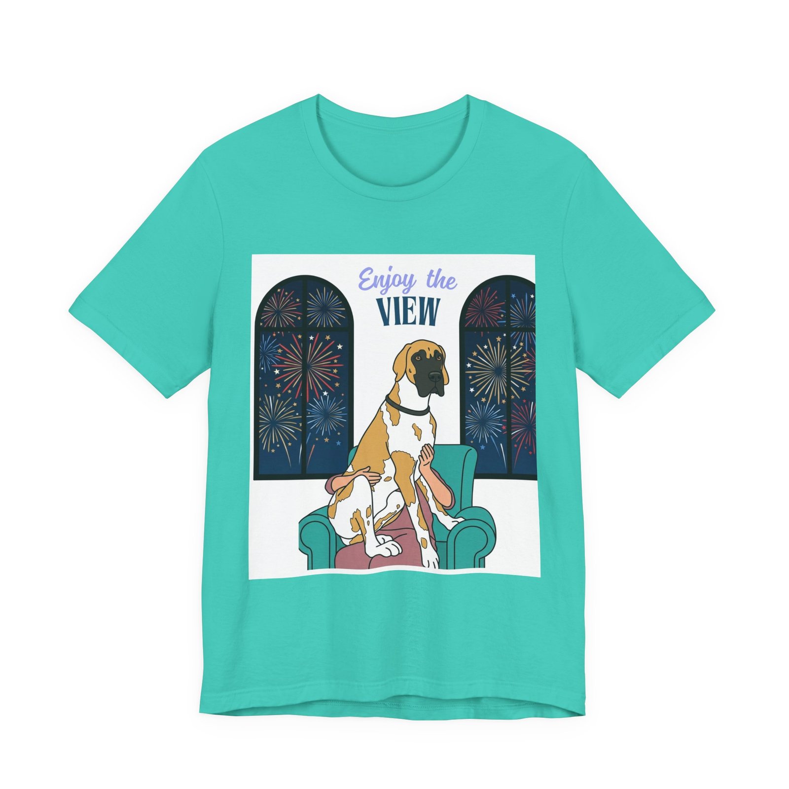 Fawnequin Great Dane Enjoy the View T-Shirt — Dog Watching Fireworks Graphic Tee - Image 26