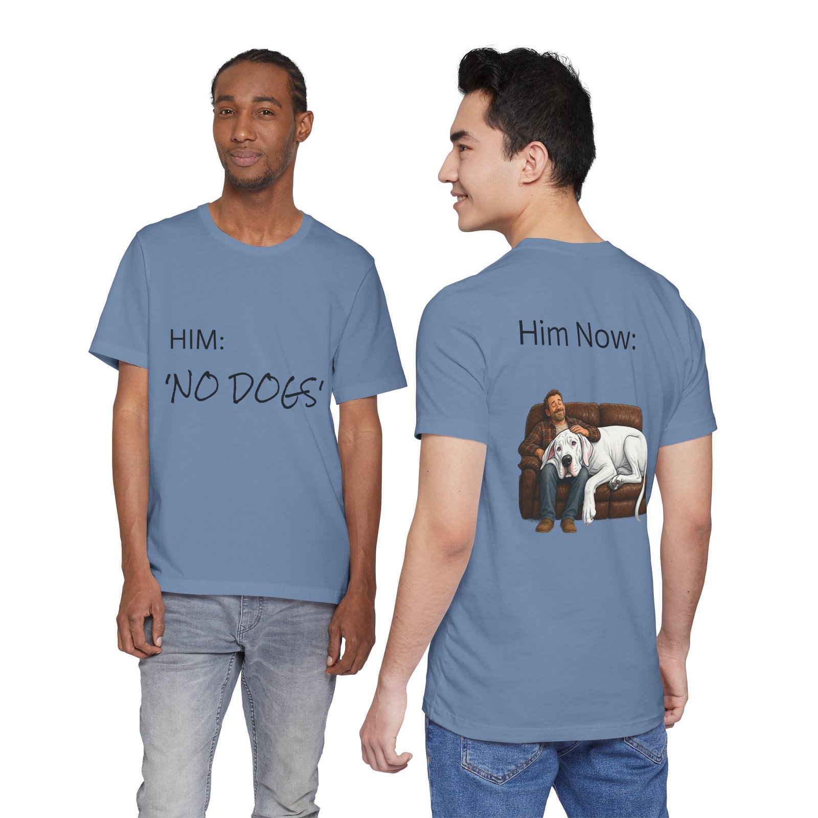White Great Dane T-Shirt — "NO DOGS" Script Front with Man and Dog on Couch Graphic - Image 26