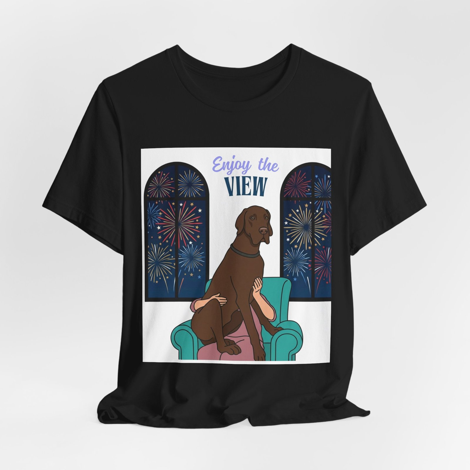 Chocolate Great Dane Enjoy the View T-Shirt — Dog Watching Fireworks Graphic Tee - Image 10