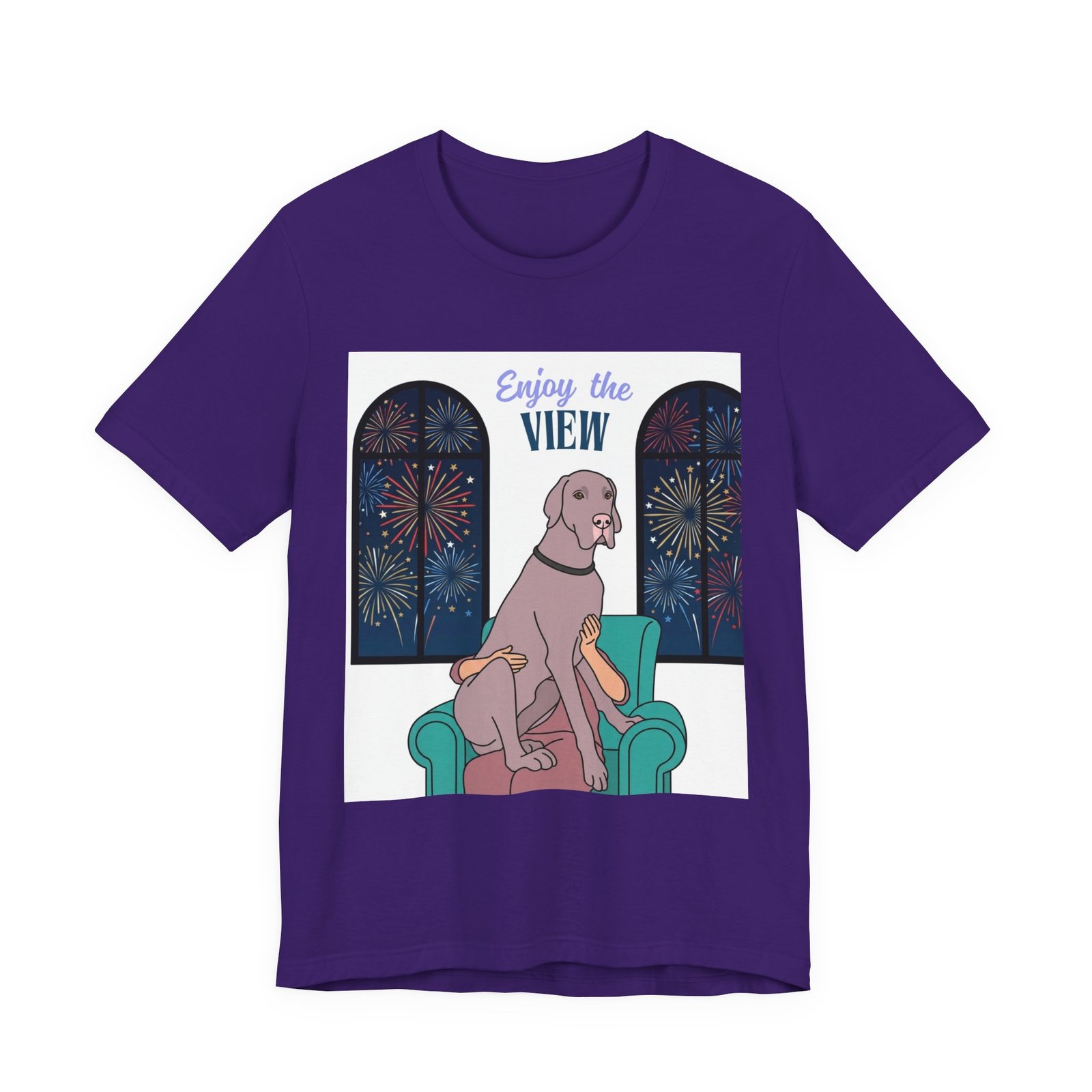 Lilac Great Dane Enjoy the View T-Shirt — Dog Watching Fireworks Graphic Tee - Image 51