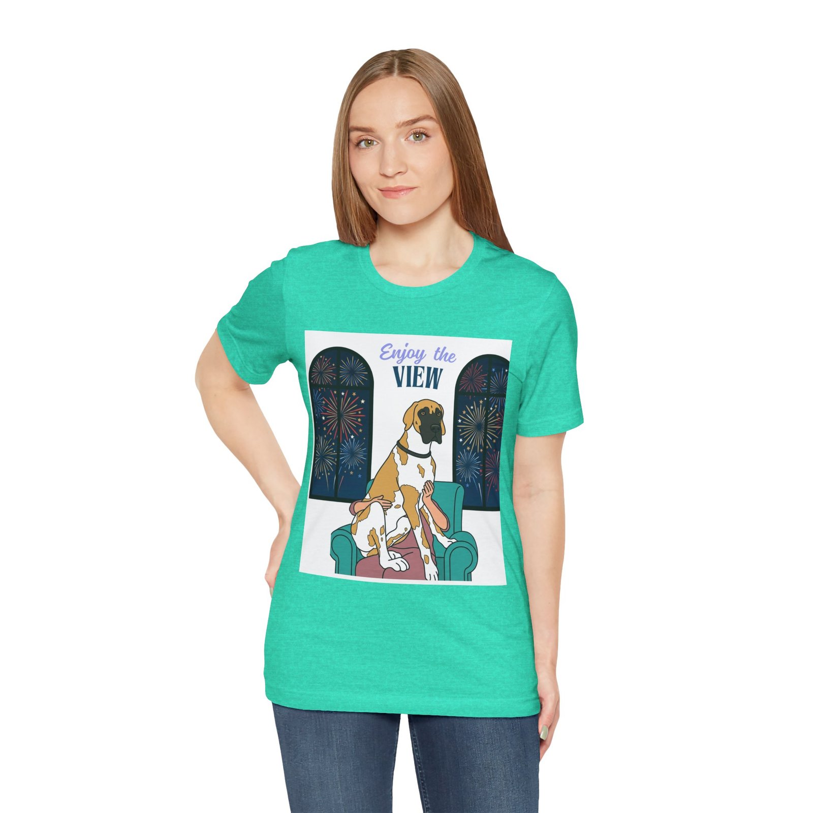 Fawnequin Great Dane Enjoy the View T-Shirt — Dog Watching Fireworks Graphic Tee - Image 40
