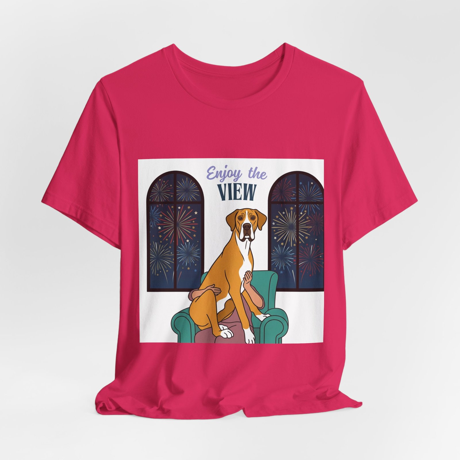 Fawn Mantle Great Dane Enjoy the View T-Shirt — Dog Watching Fireworks Graphic Tee - Image 5