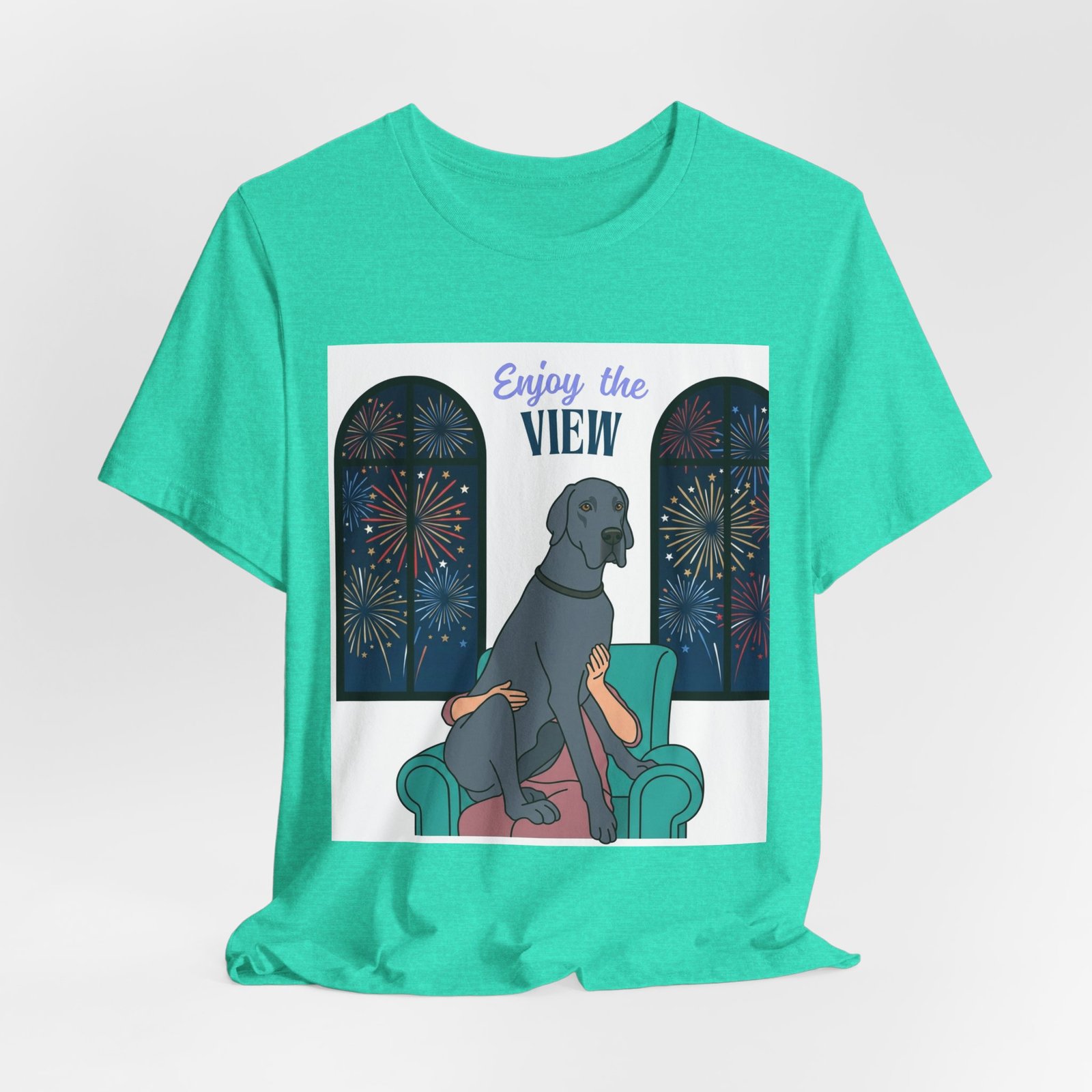 Blue Great Dane Enjoy the View T-Shirt — Dog Watching Fireworks Graphic Tee - Image 29