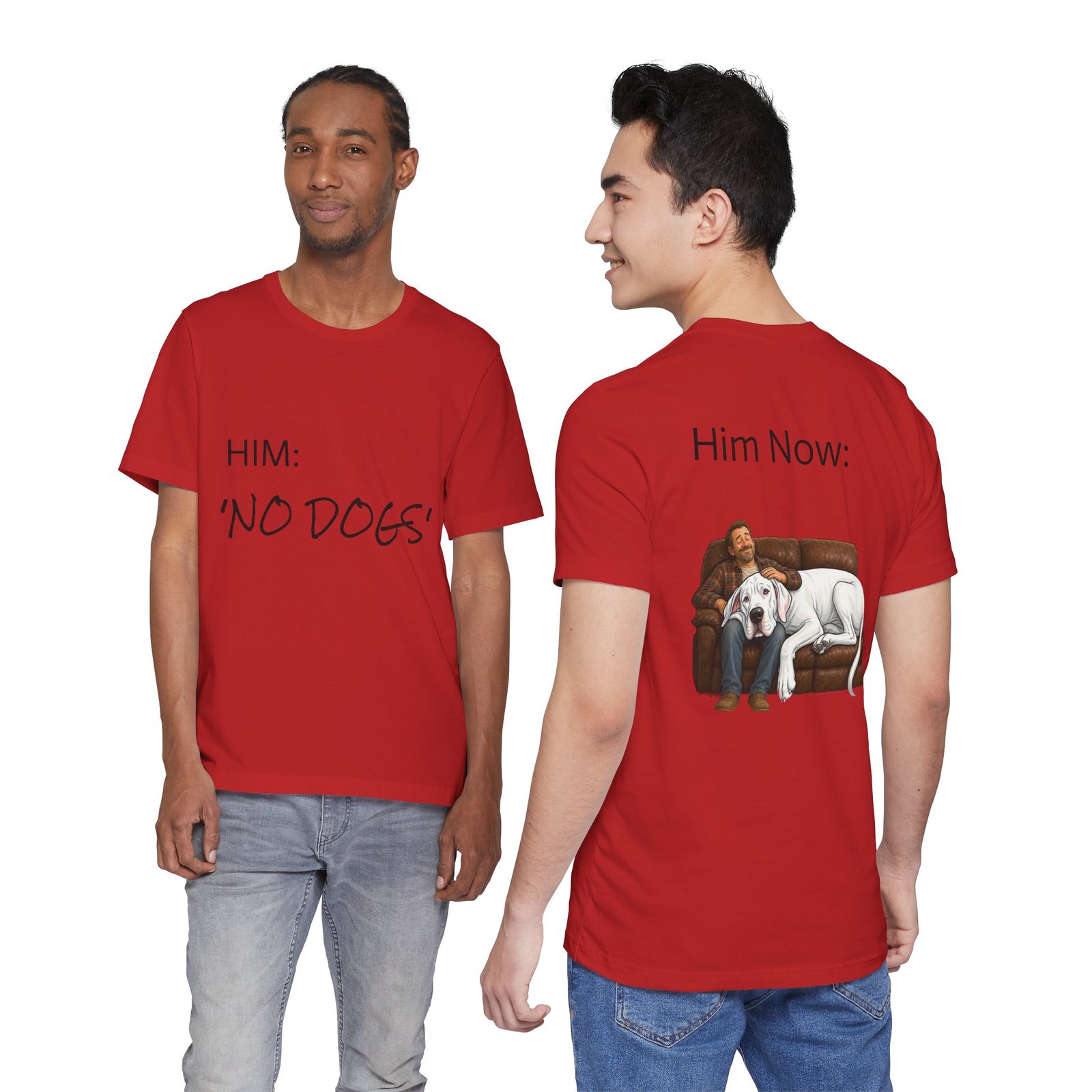 White Great Dane T-Shirt — "NO DOGS" Script Front with Man and Dog on Couch Graphic - Image 51