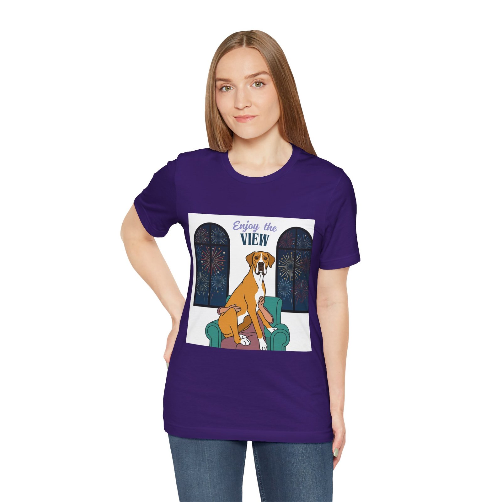 Fawn Mantle Great Dane Enjoy the View T-Shirt — Dog Watching Fireworks Graphic Tee - Image 55
