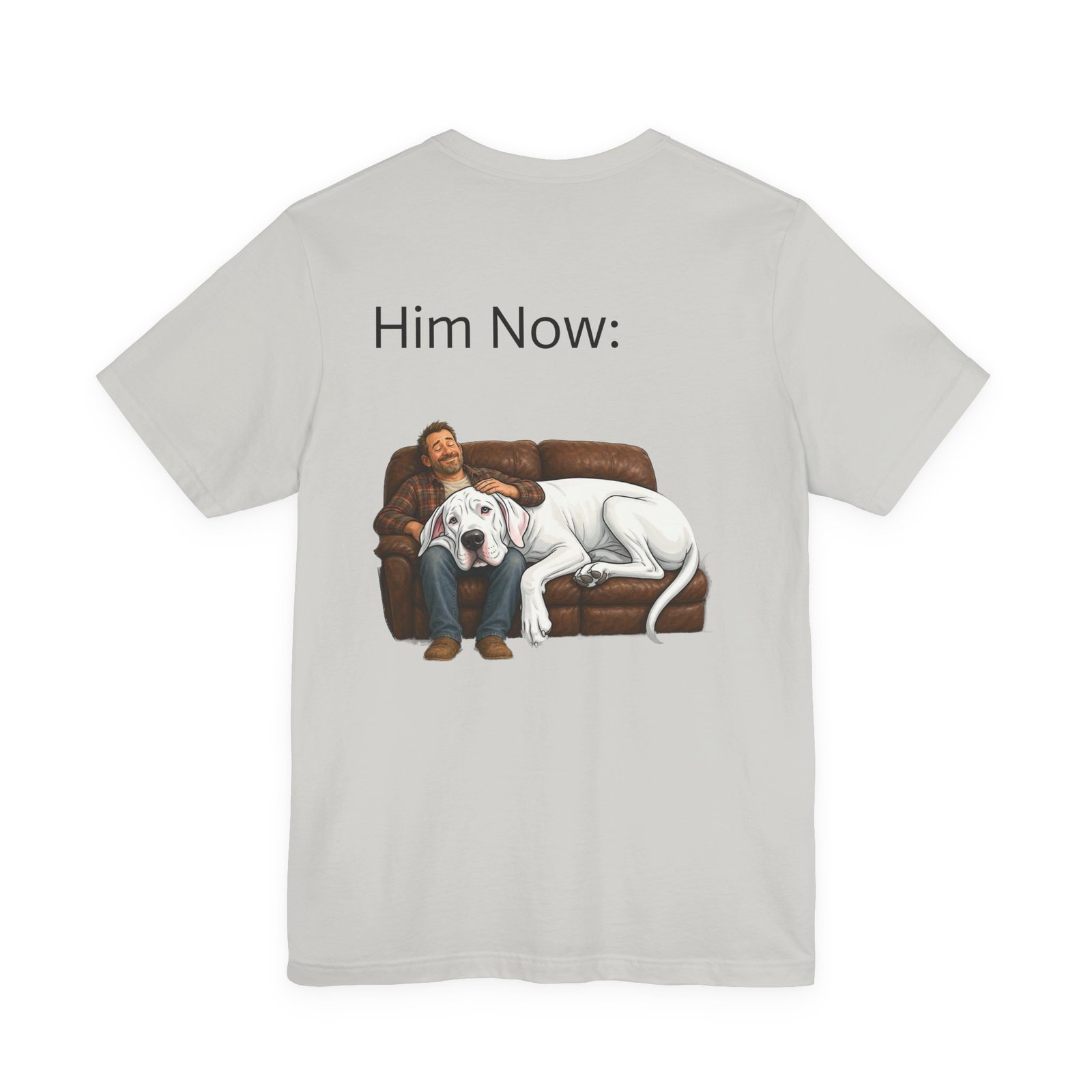 White Great Dane T-Shirt — "NO DOGS" Script Front with Man and Dog on Couch Graphic - Image 13