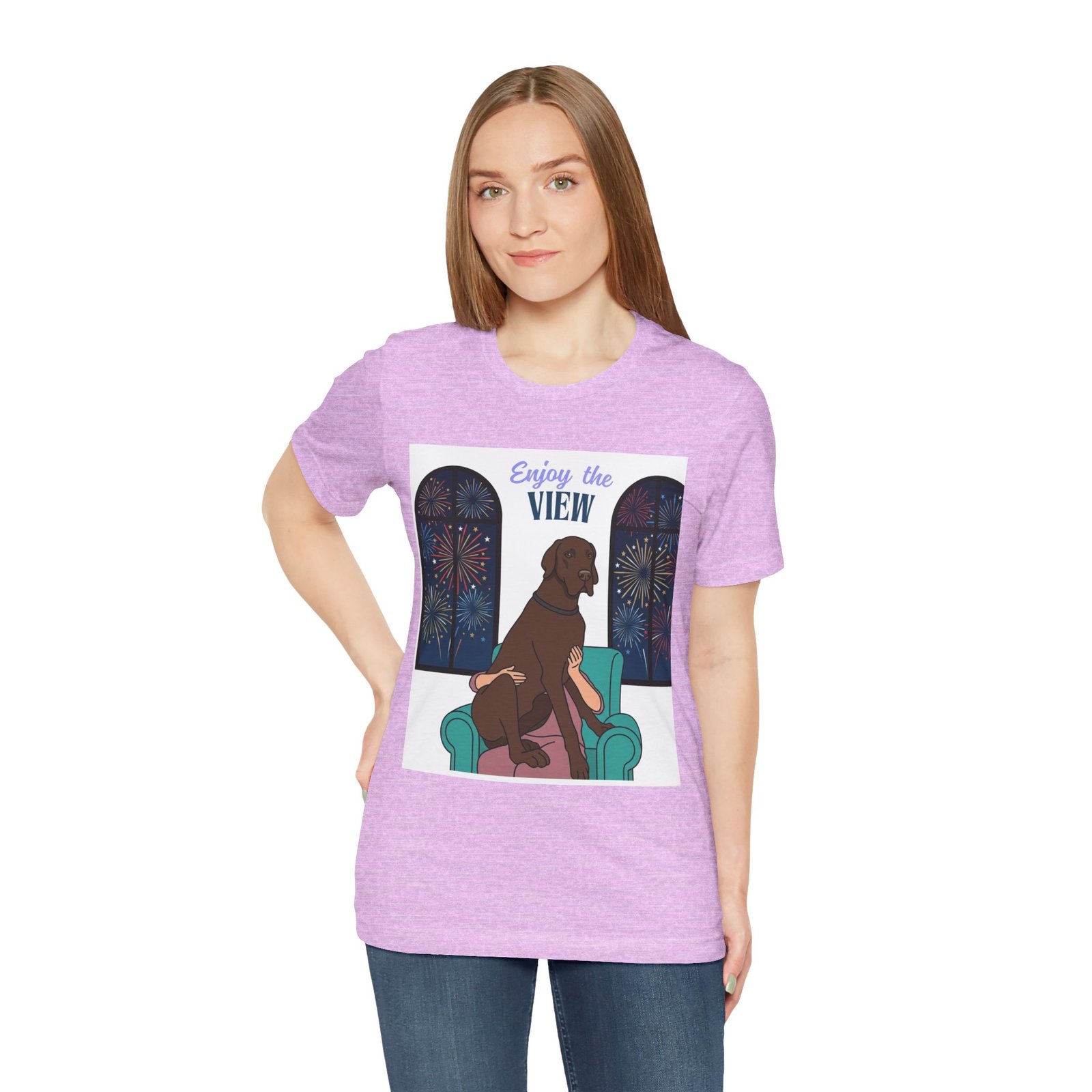 Chocolate Great Dane Enjoy the View T-Shirt — Dog Watching Fireworks Graphic Tee - Image 55
