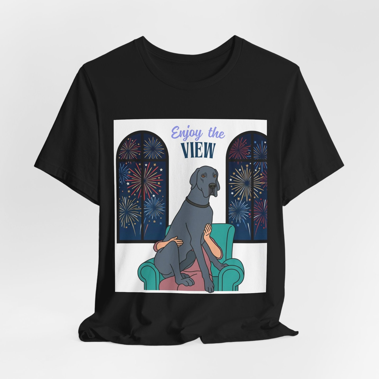 Blue Great Dane Enjoy the View T-Shirt — Dog Watching Fireworks Graphic Tee - Image 14