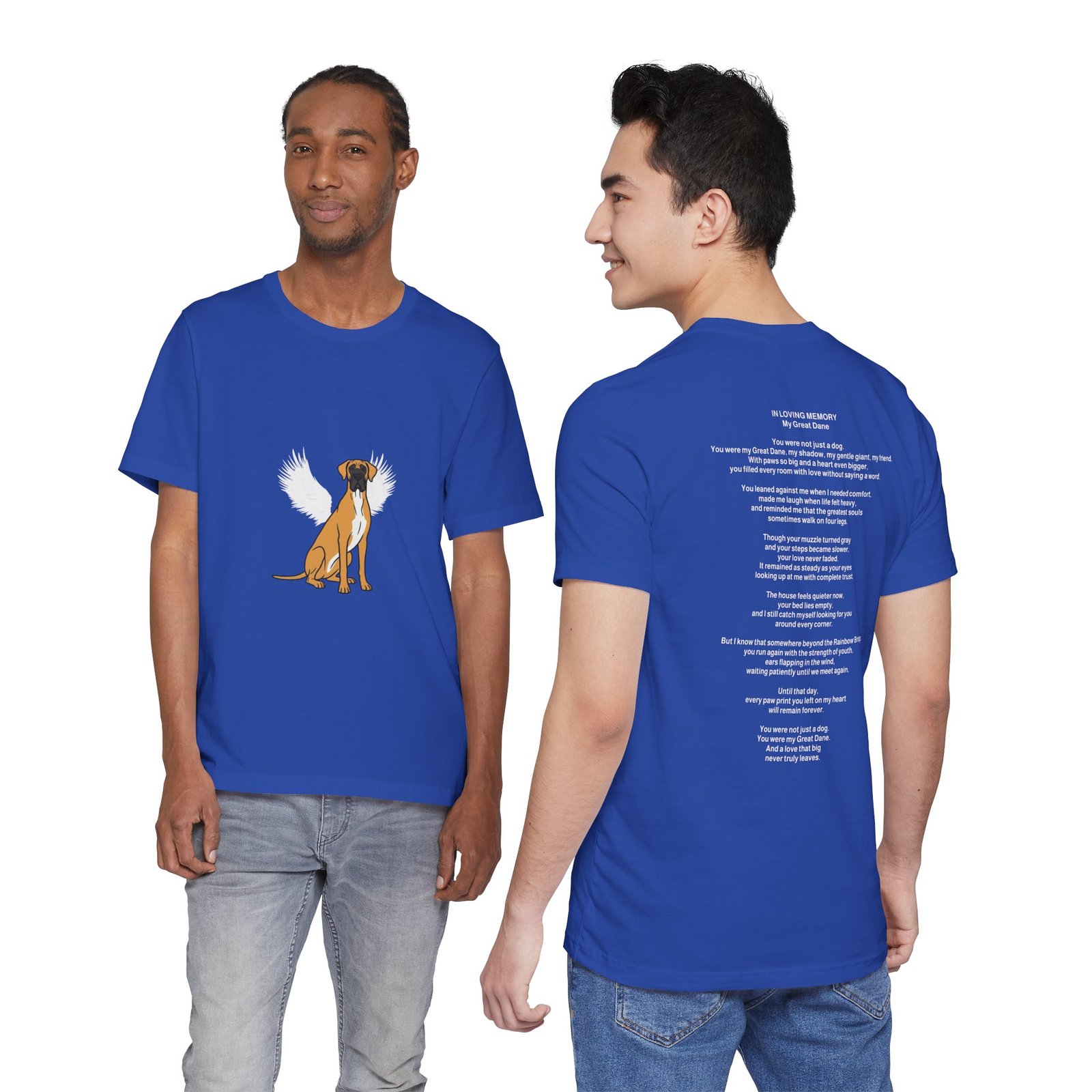 Unisex Fawn with White Chest Great Dane Rainbow Bridge Lyric Back-Print Tee — 'Beloved Memory' Poem Shirt - Image 22