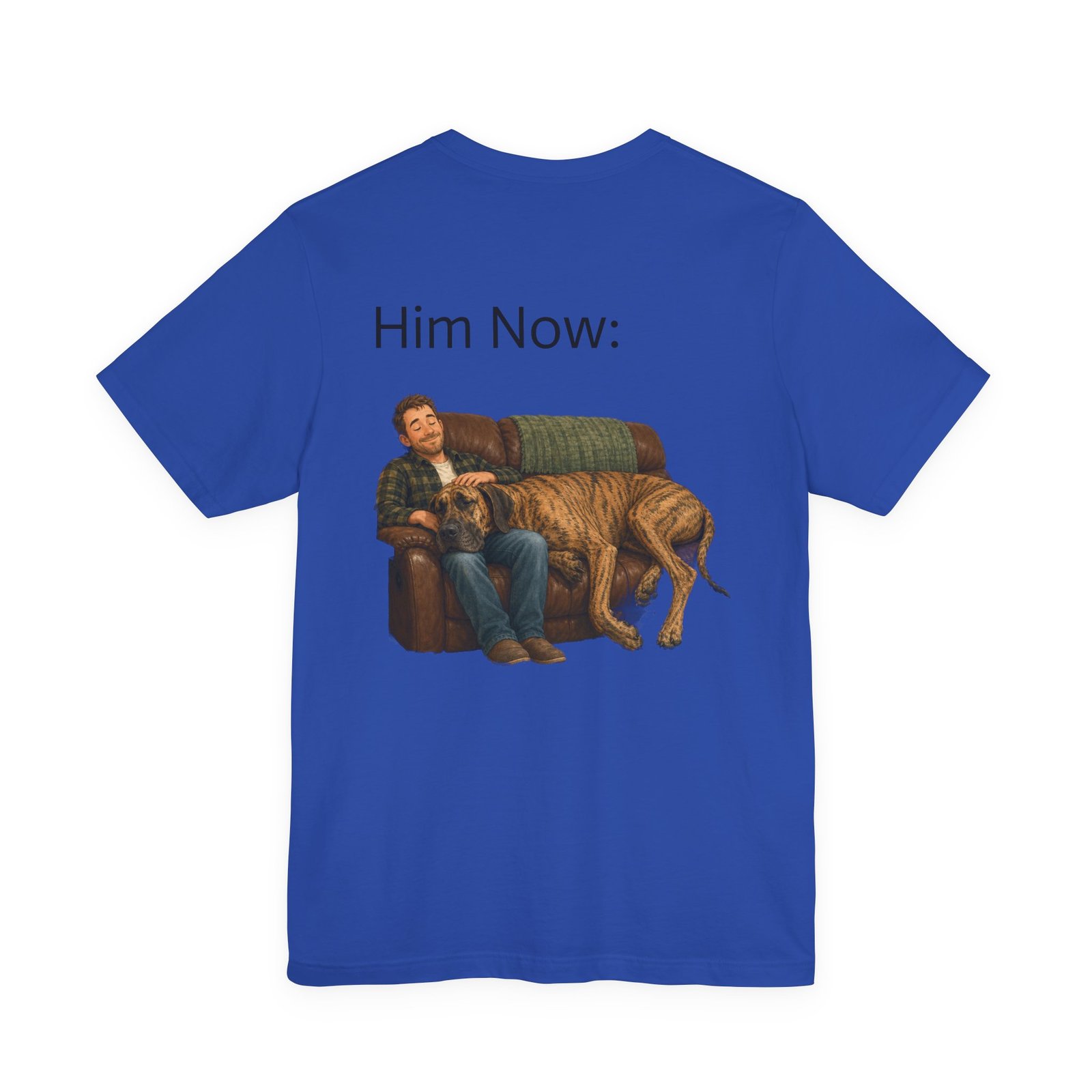 Brindle Great Dane T-Shirt — "NO DOGS" Script Front with Man and Dog on Couch Graphic - Image 37