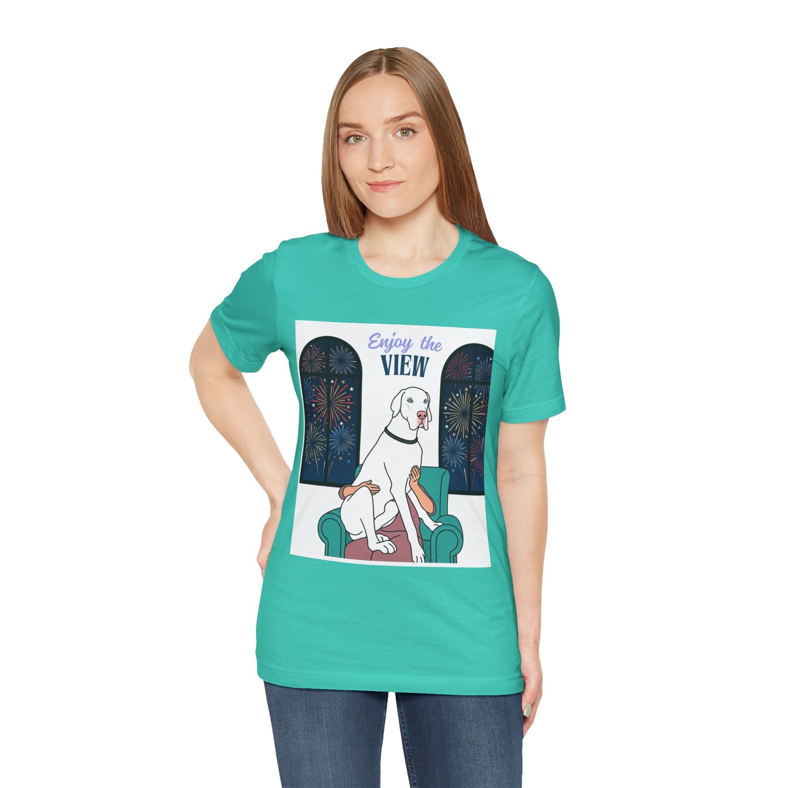 White with Blue Eyes Great Dane Enjoy the View T-Shirt — Dog Watching Fireworks Graphic Tee - Image 30