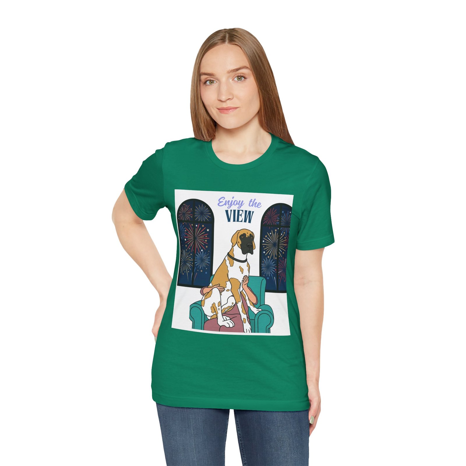 Fawnequin Great Dane Enjoy the View T-Shirt — Dog Watching Fireworks Graphic Tee - Image 35