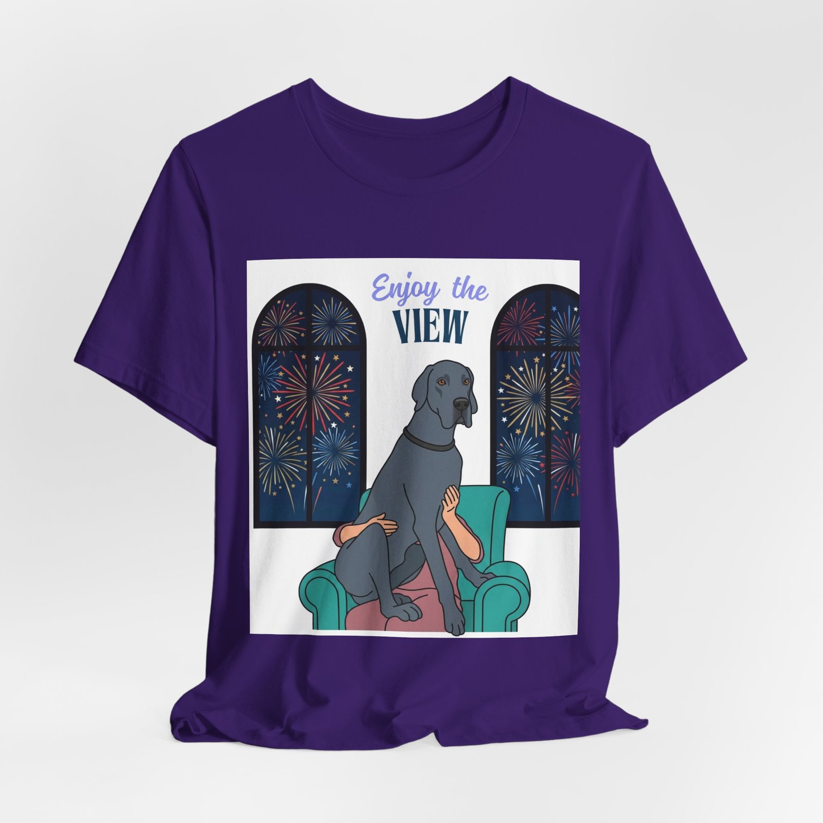 Blue Great Dane Enjoy the View T-Shirt — Dog Watching Fireworks Graphic Tee - Image 49