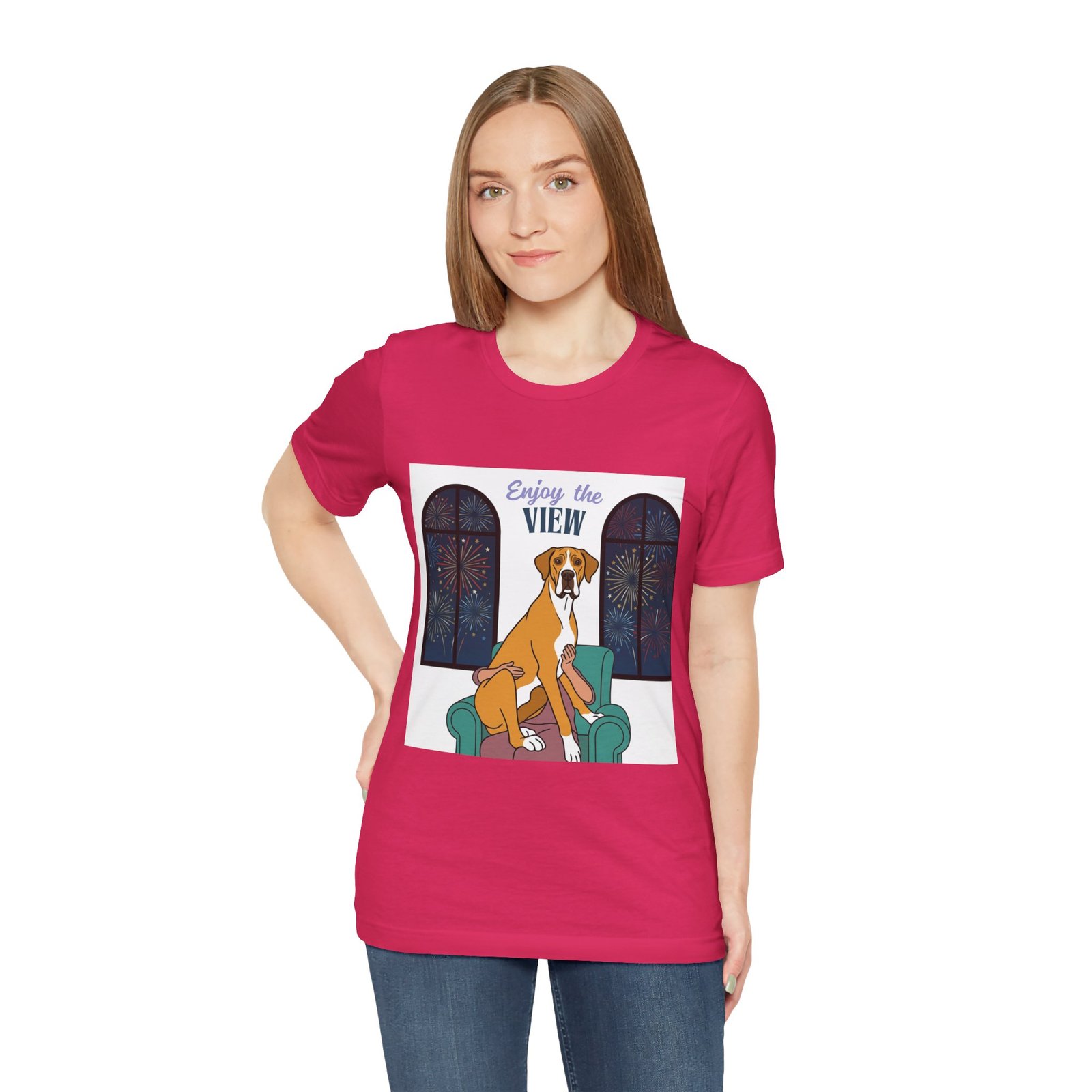 Fawn Mantle Great Dane Enjoy the View T-Shirt — Dog Watching Fireworks Graphic Tee
