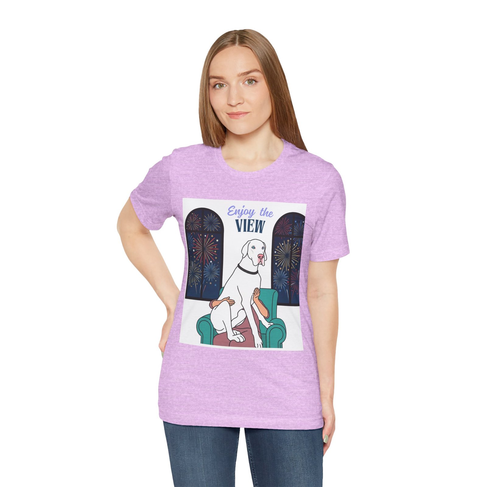 White with Blue Eyes Great Dane Enjoy the View T-Shirt — Dog Watching Fireworks Graphic Tee - Image 55