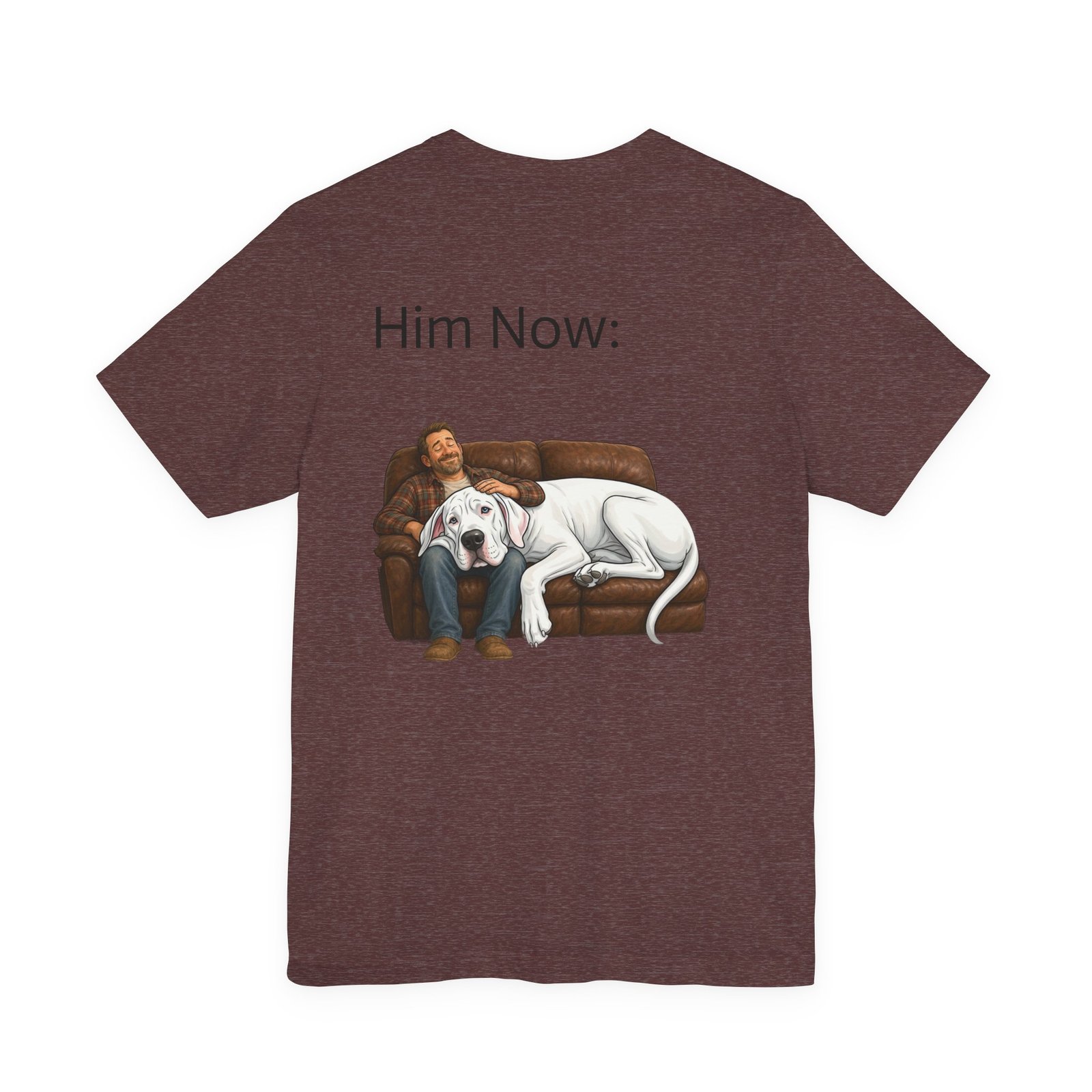 White Great Dane T-Shirt — "NO DOGS" Script Front with Man and Dog on Couch Graphic - Image 33