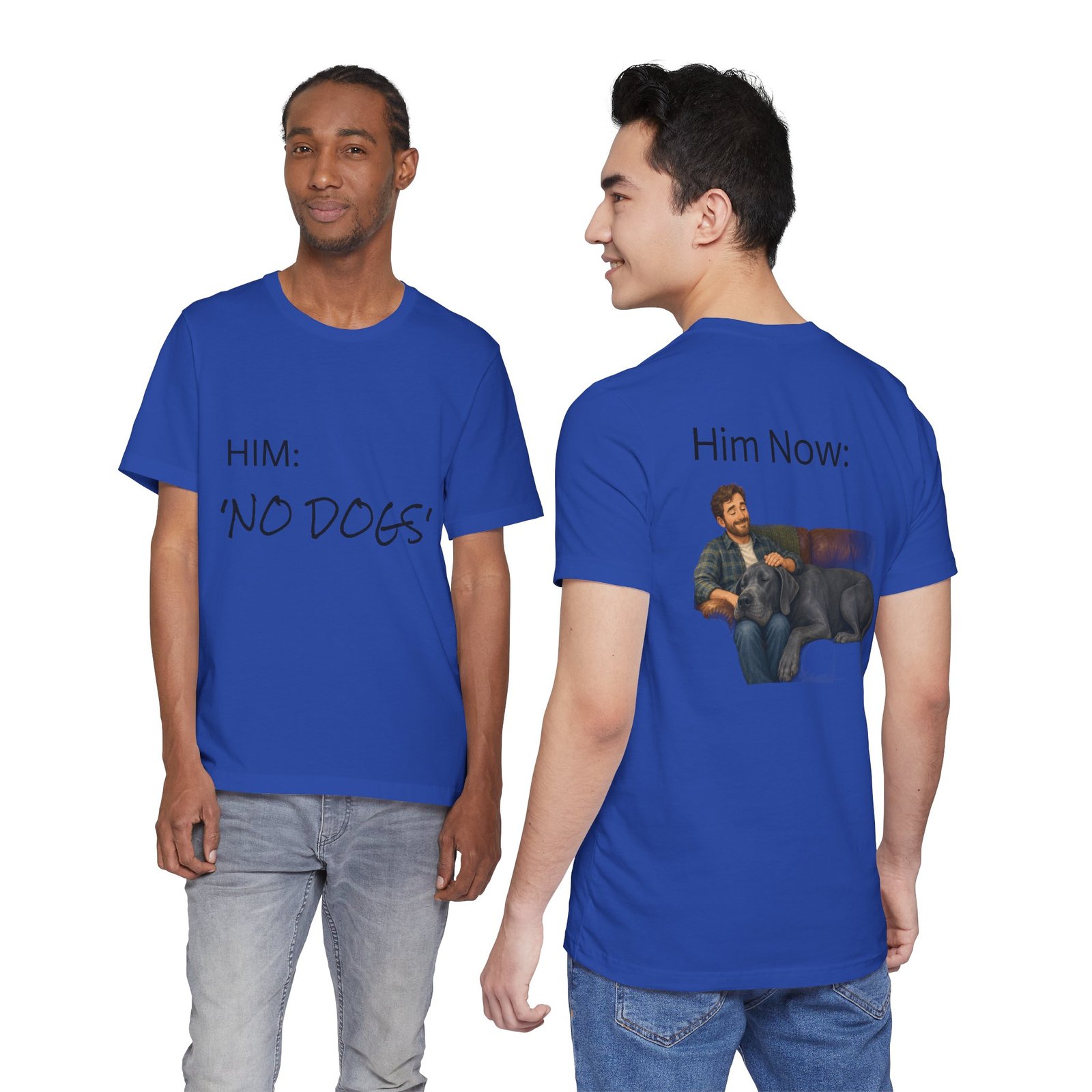 Blue Great Dane T-Shirt — "NO DOGS" Script Front with Man and Dog on Couch Graphic - Image 35