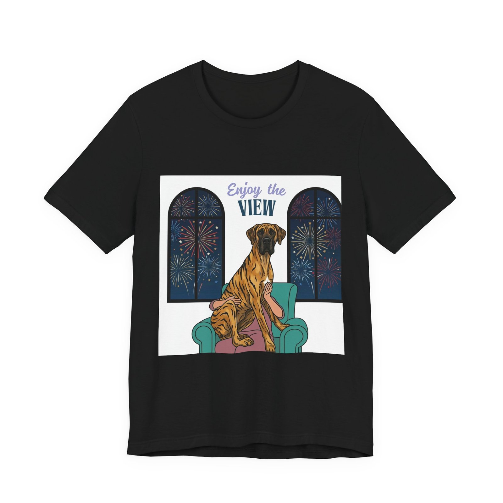 Brindle with white chest marking Great Dane Enjoy the View T-Shirt — Dog Watching Fireworks Graphic Tee - Image 12