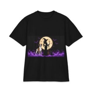 Brindlequin Great Dane Her Familiars, up to 7x, Heavy T Shirt, Cat, Witch Silhouette Moon T‑Shirt — Halloween
