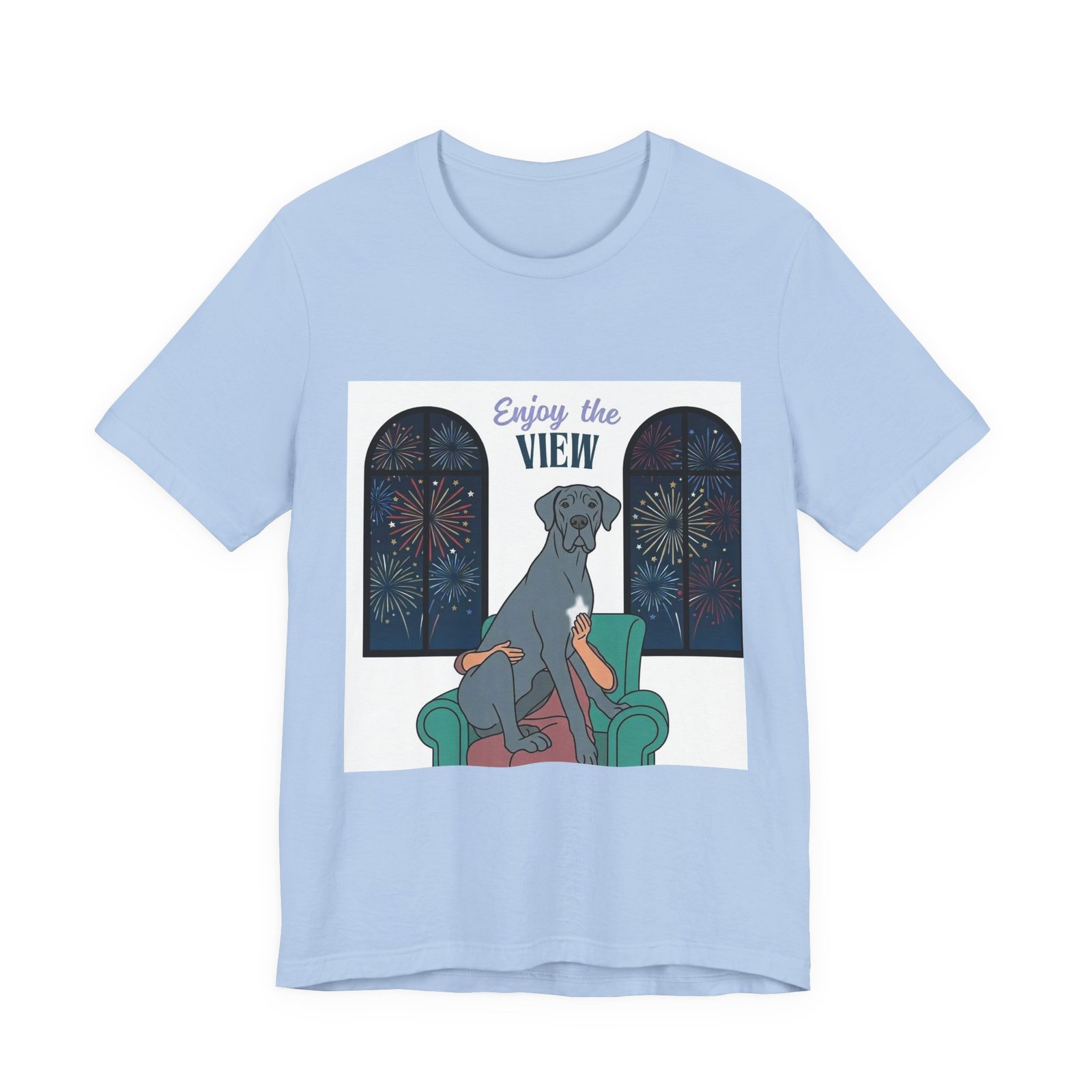 Blue with white chest marking Great Dane Enjoy the View T-Shirt — Dog Watching Fireworks Graphic Tee - Image 41