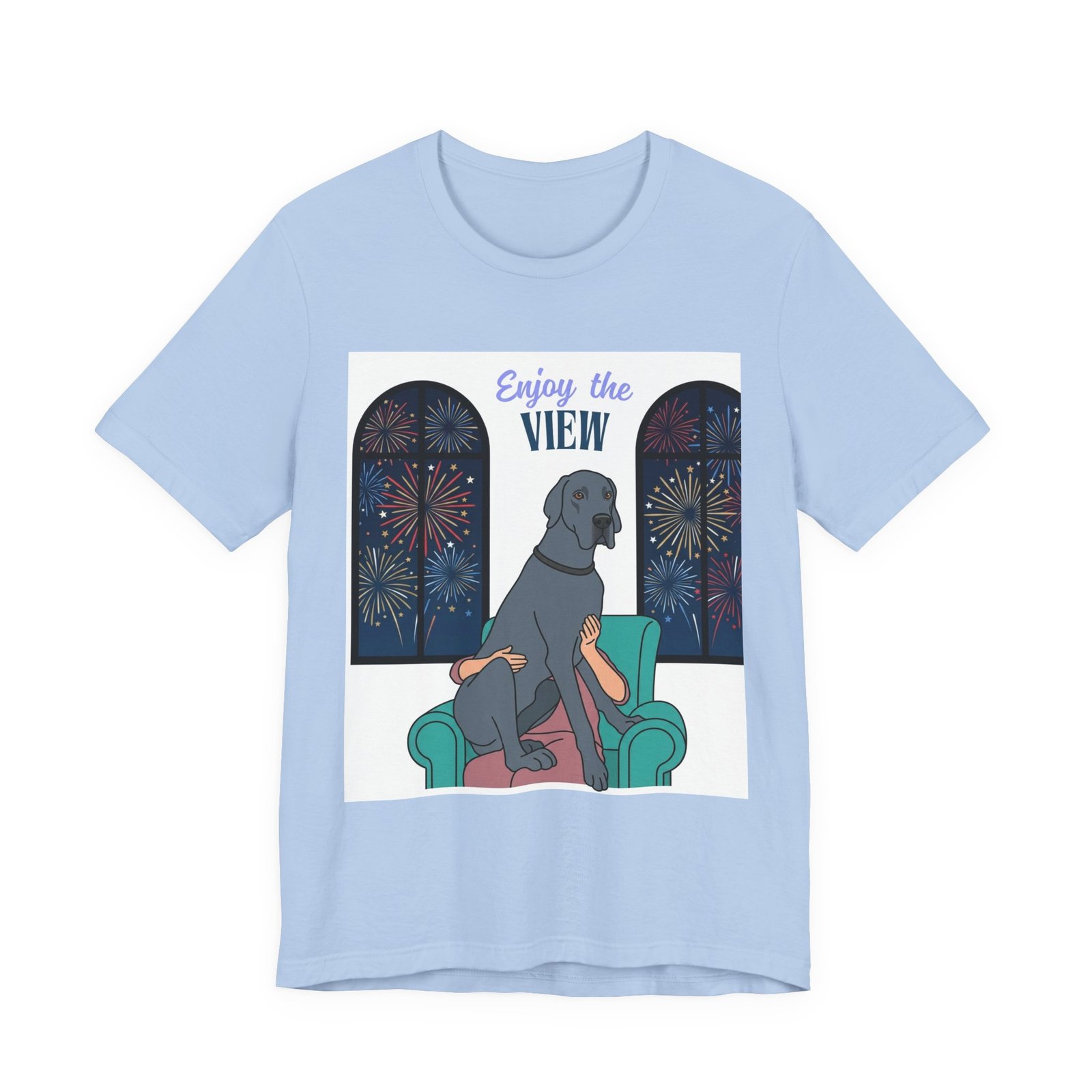 Blue Great Dane Enjoy the View T-Shirt — Dog Watching Fireworks Graphic Tee - Image 36