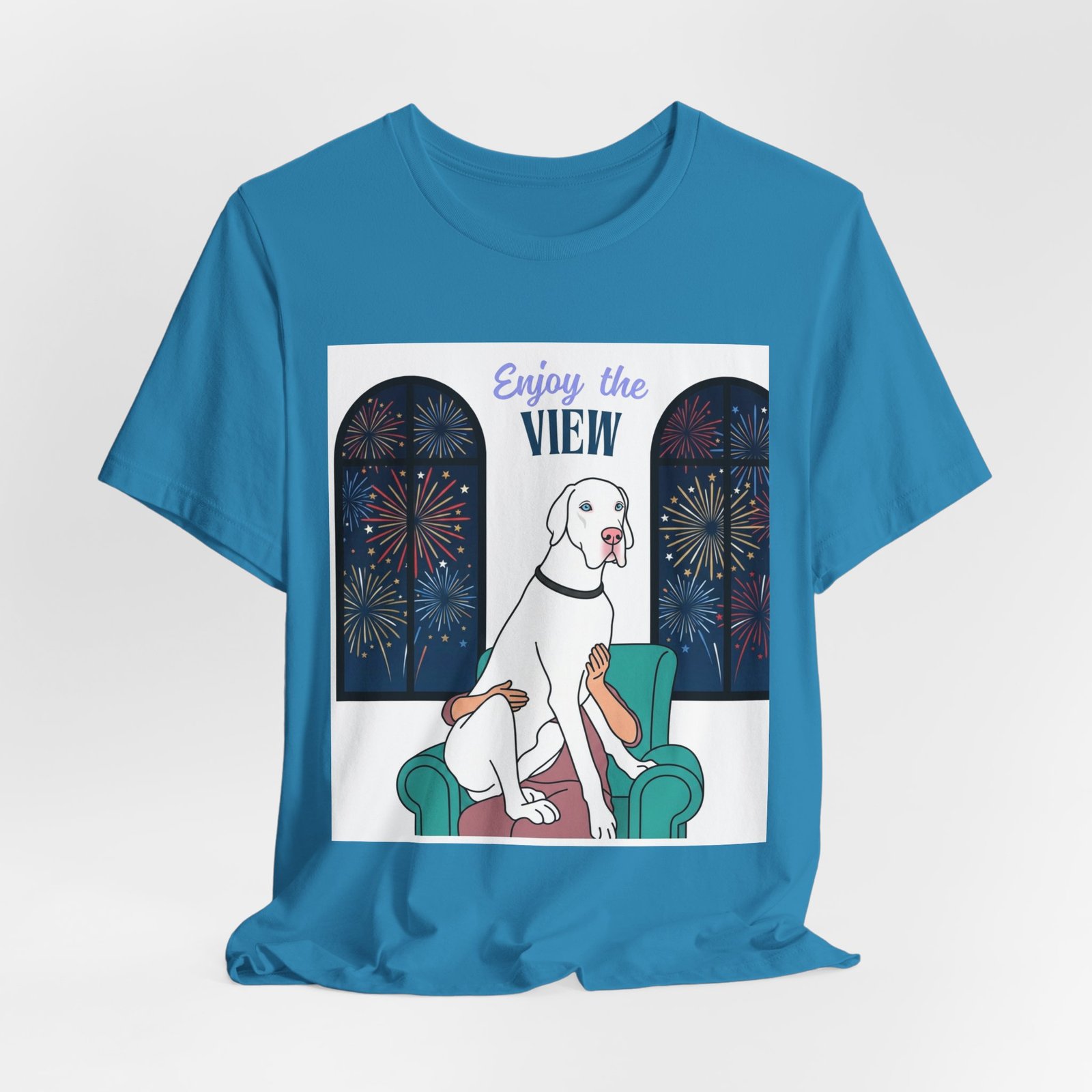 White with Blue Eyes Great Dane Enjoy the View T-Shirt — Dog Watching Fireworks Graphic Tee - Image 10