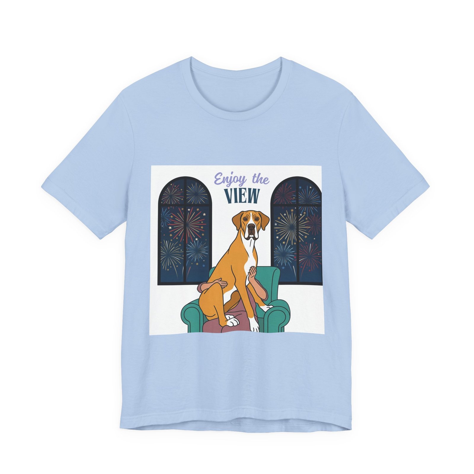 Fawn Mantle Great Dane Enjoy the View T-Shirt — Dog Watching Fireworks Graphic Tee - Image 41