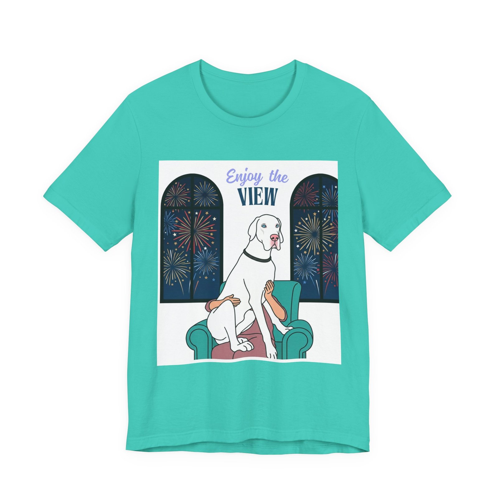 White with Blue Eyes Great Dane Enjoy the View T-Shirt — Dog Watching Fireworks Graphic Tee - Image 26