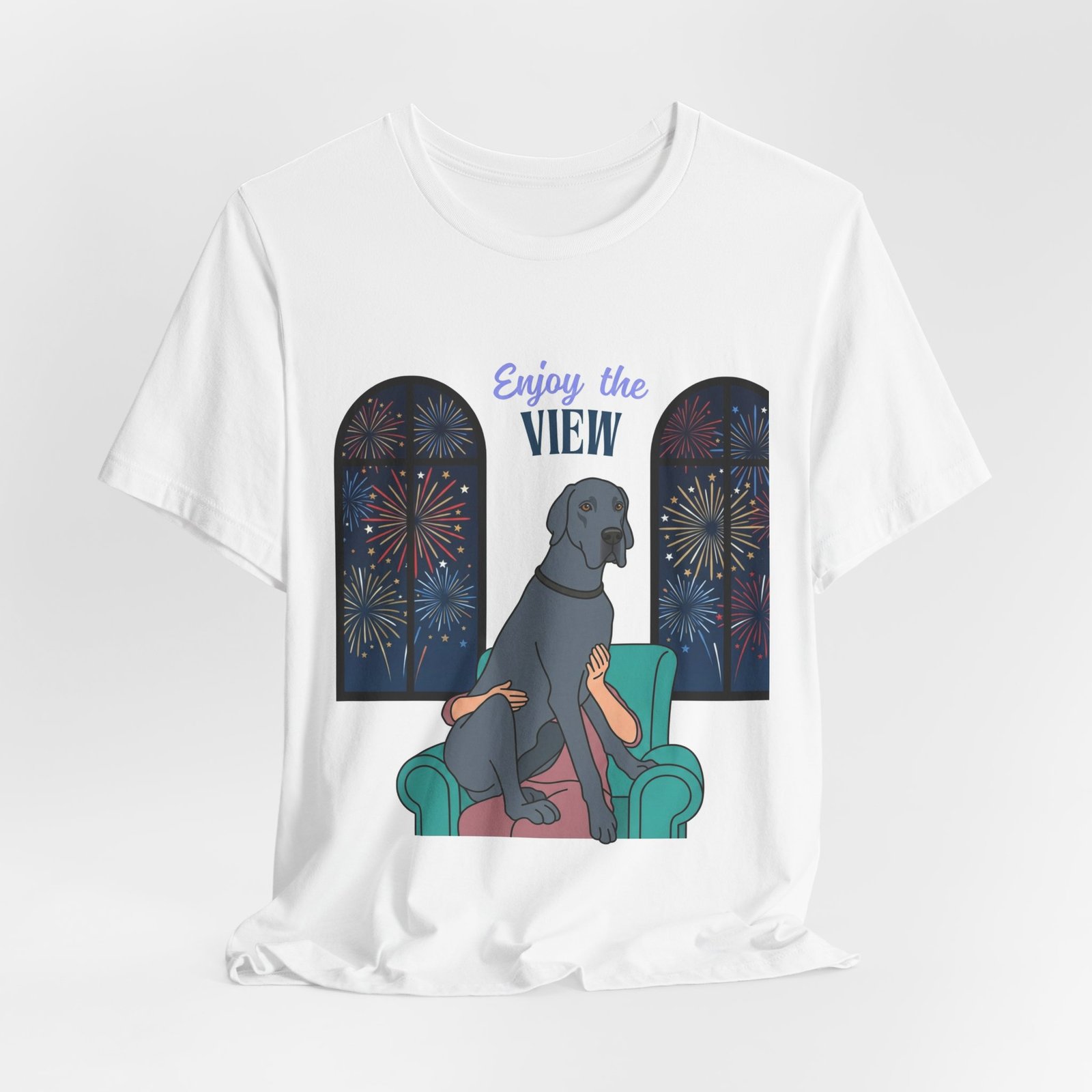 Blue Great Dane Enjoy the View T-Shirt — Dog Watching Fireworks Graphic Tee - Image 10