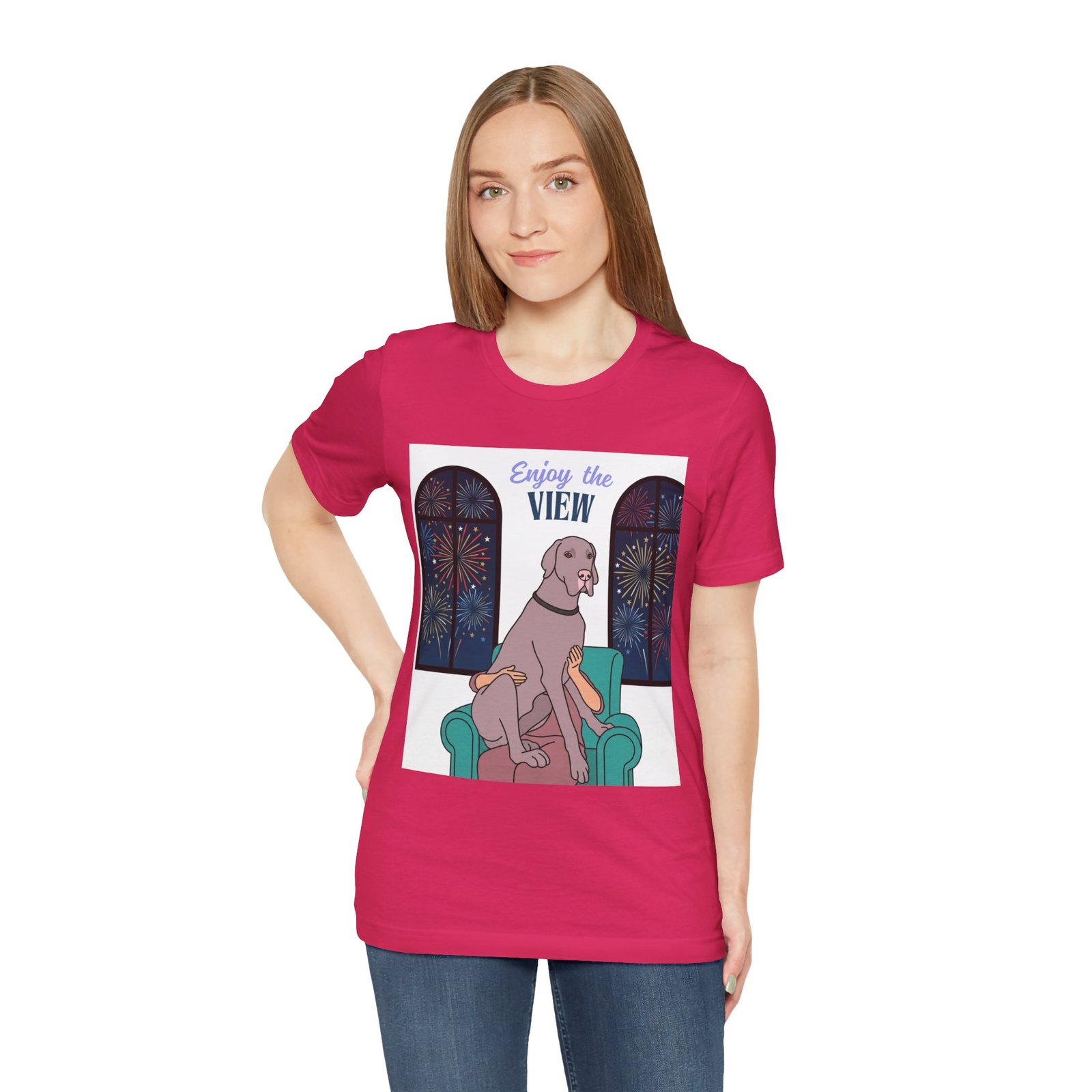 Lilac Great Dane Enjoy the View T-Shirt — Dog Watching Fireworks Graphic Tee - Image 65