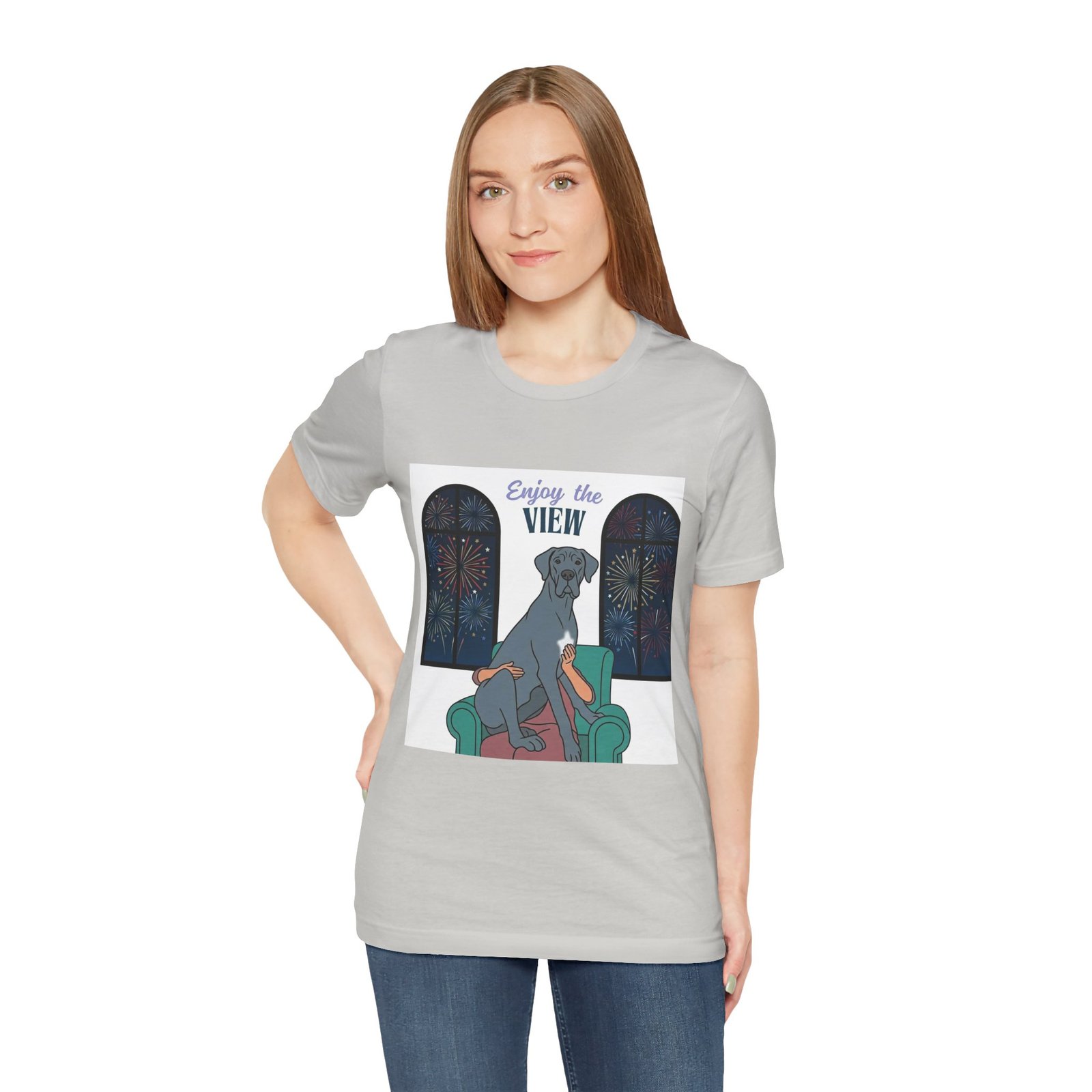 Blue with white chest marking Great Dane Enjoy the View T-Shirt — Dog Watching Fireworks Graphic Tee - Image 25