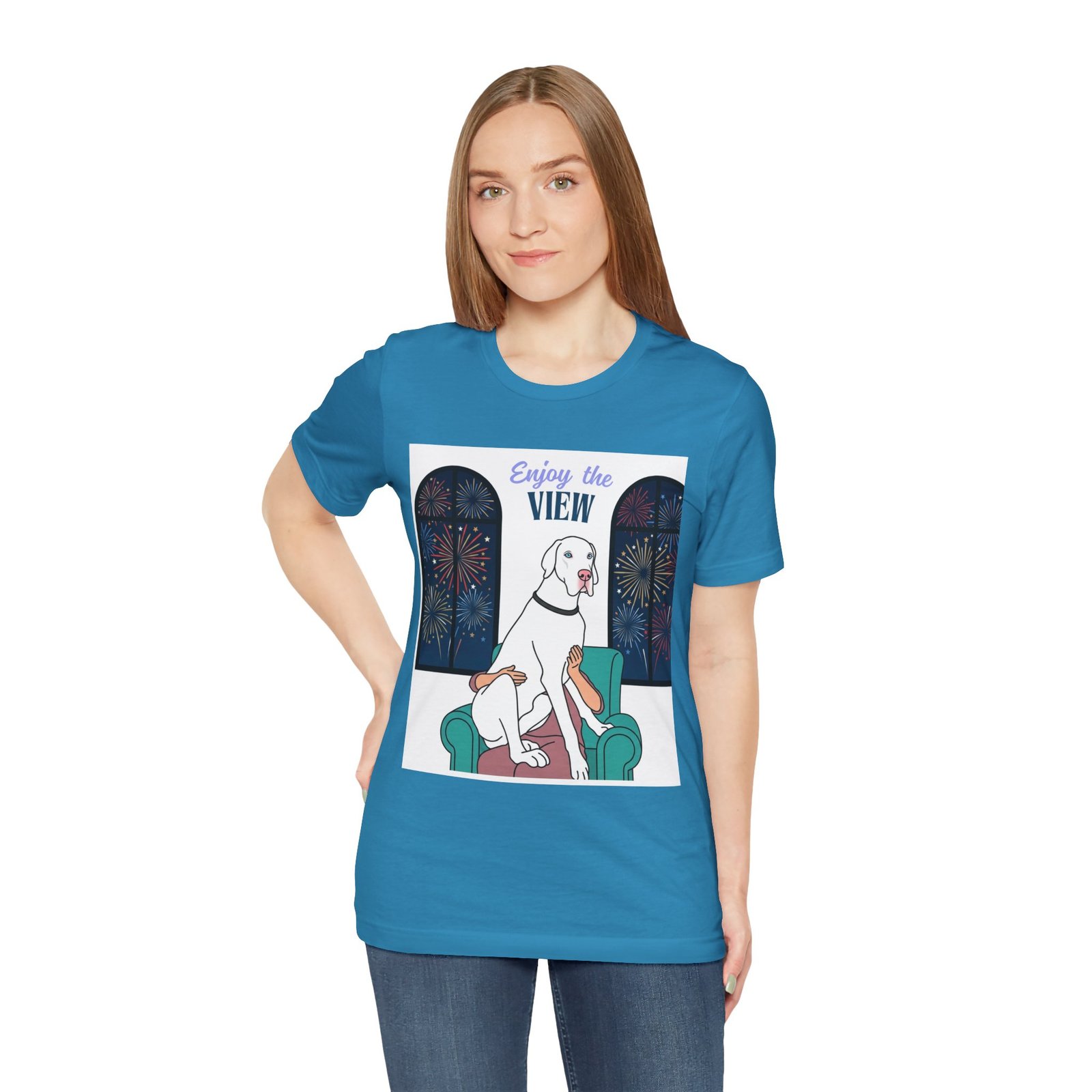 White with Blue Eyes Great Dane Enjoy the View T-Shirt — Dog Watching Fireworks Graphic Tee - Image 6
